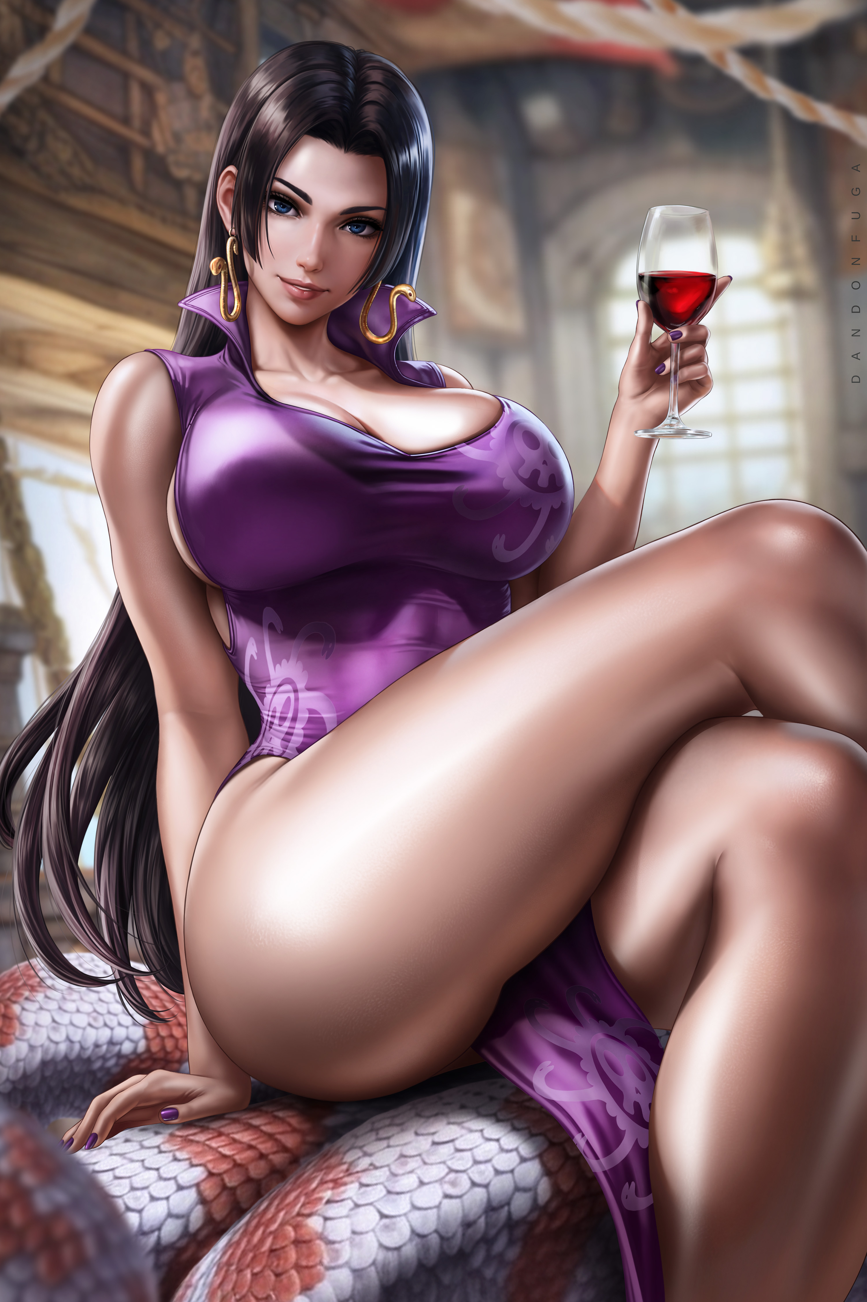 1girls, black hair, black-haired female, blue eyes, boa hancock, dandon fuga, dress, female, female only, one piece, very high resolution, wine glass