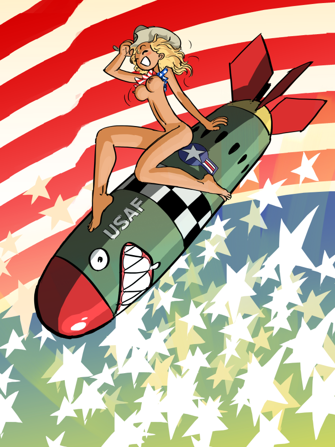 1girls 4th_of_july american american_flag ass au_(artist) blonde_hair boli-blog breasts cowboy_hat full_body happy legs national_personification nipples nude nude_female nuke personification smile usa