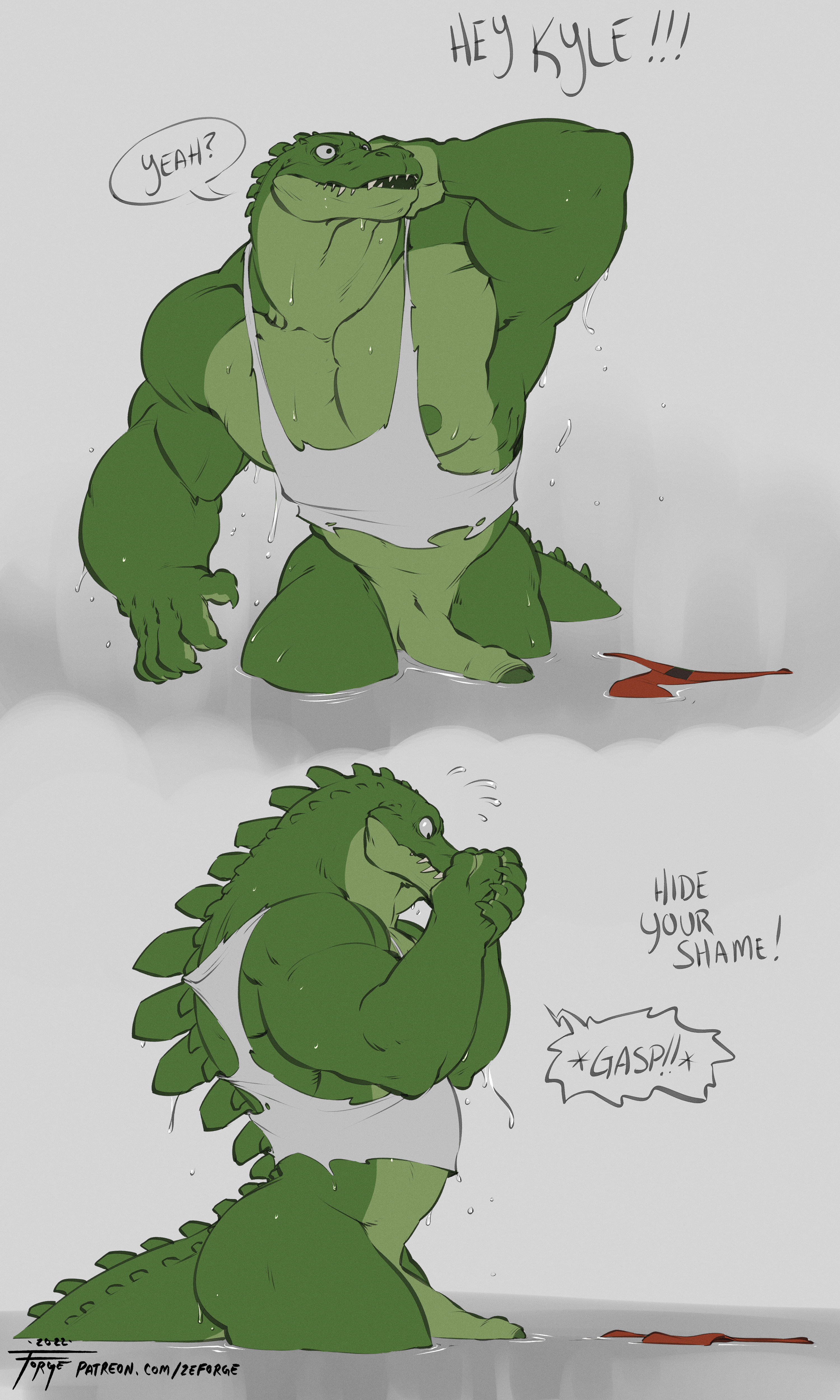 1boy, 2022, abs, alligator, artist logo, artist name, bara, biceps, big penis, bottomless male, crocodile, crocodilian, crocodylid, foreskin, forge (artist), gay, green skin, half-erect, hi res, highres, humanoid genitalia, humanoid penis, male, male nipples, male only, masculine, muscles, muscular, muscular male, nipples, partially retracted foreskin, patreon username, penis, reptile, reptile humanoid, retracted foreskin, smooth penis, solo, tank top, teeth, teeth visible, uncircumcised, uncut, wet, yaoi