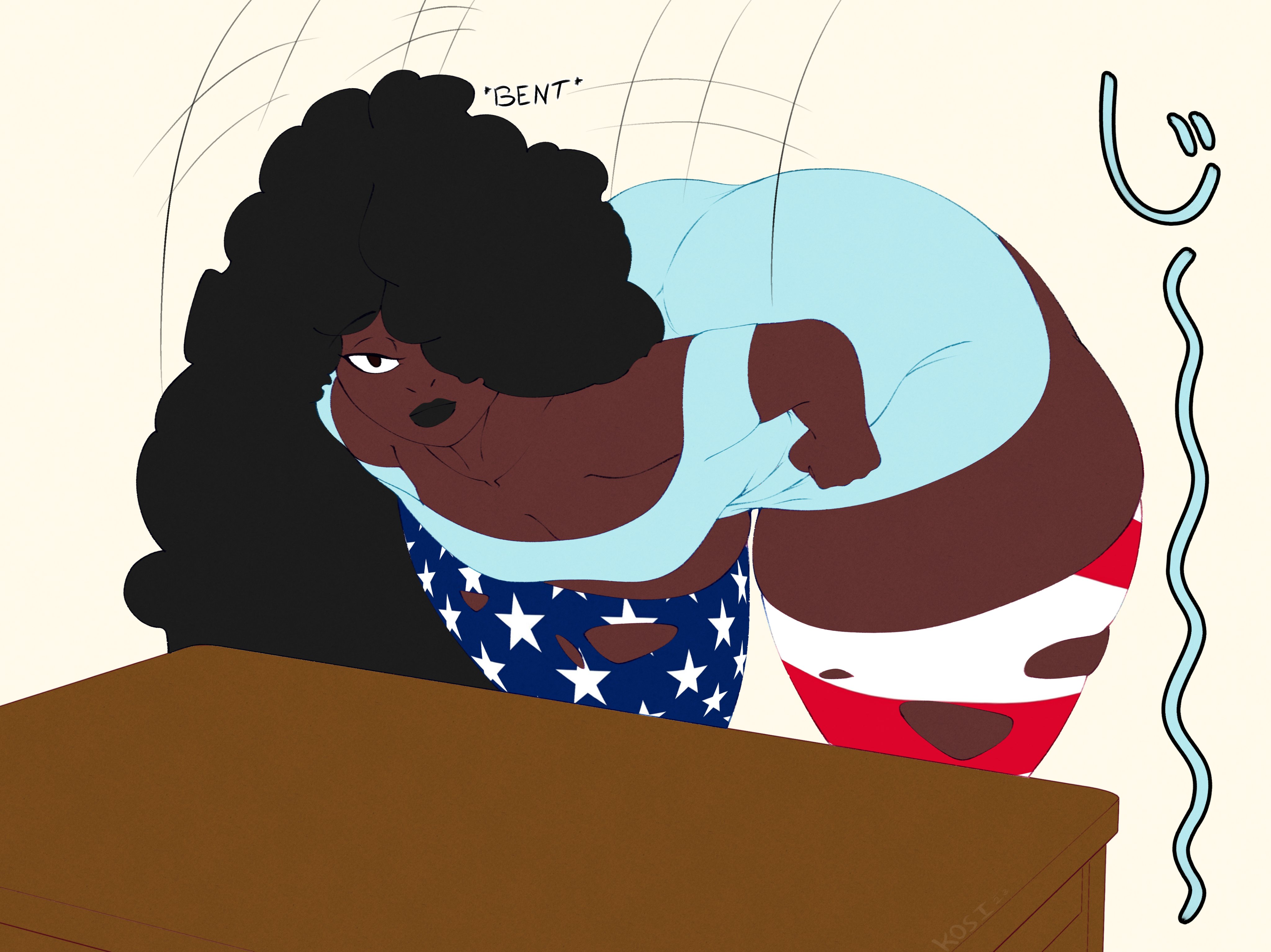 1girls, 4th of july, african female, american flag print, ass, bent over, big ass, black hair, bubble ass, bubble butt, dark skin, dark-skinned female, english text, fair argument but..., fat ass, female, female only, havanna (n-kosi), huge ass, japanese text, large ass, looking at viewer, n-kosi, n-kosi (coloring), original, signature, solo, text, thick ass, thick thighs, thighhighs, wide hips