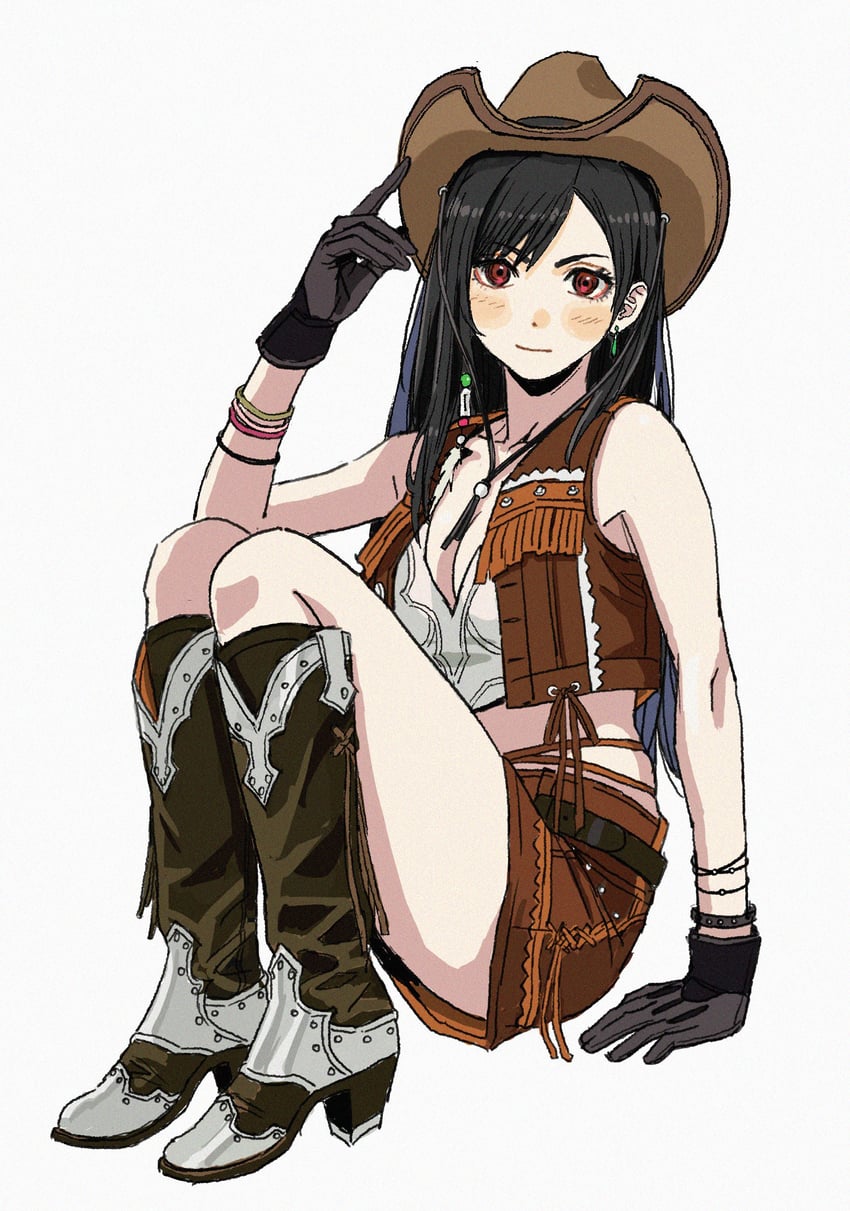 1girls 2d cosplay cowboy_boots cowboy_hat cowgirl cowgirl_outfit female female_focus female_only final_fantasy final_fantasy_vii leather_clothing shiren skirt tifa_lockhart