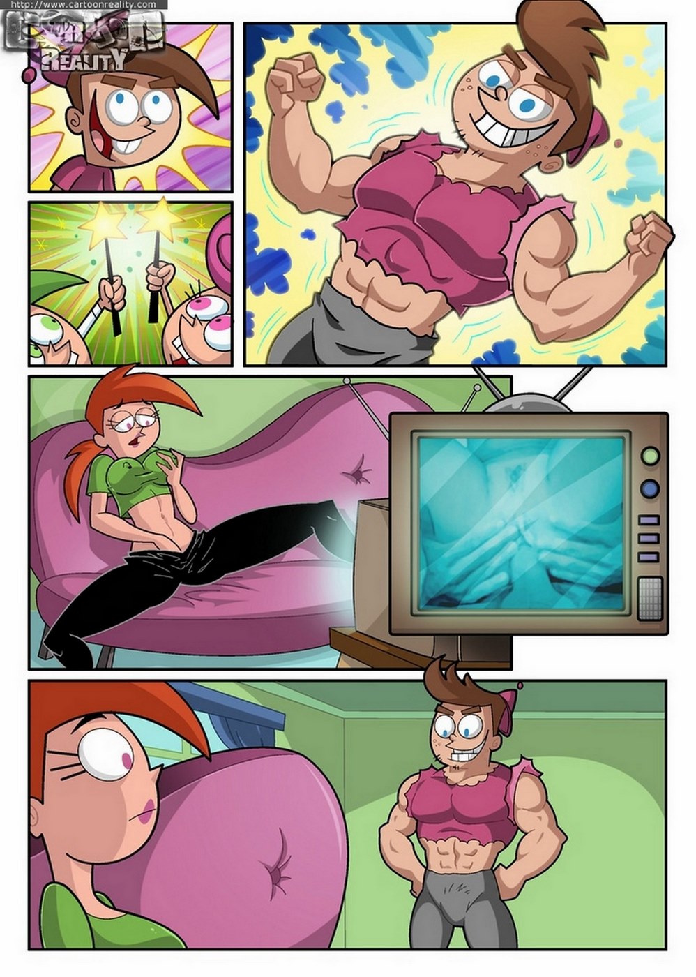 blue_eyes breast_grab brown_hair buckteeth cartoonreality.com cosmo female green_eyes male male/female masturbating masturbation_through_clothing muscular_male nickelodeon pink_eyes red_hair the_fairly_oddparents timmy_turner vaginal_masturbation vicky_(fairly_odd_parents) wanda watching_porn