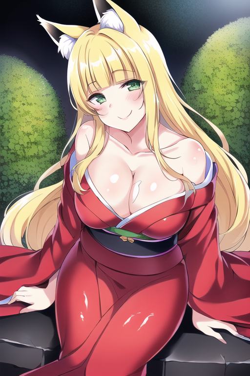 1girls ai_generated big_breasts blonde_hair cleavage dungeon_ni_deai_wo_motomeru_no_wa_machigatteiru_darou_ka fox_girl haruhime japanese_clothes kimono large_breasts long_hair solo tagme