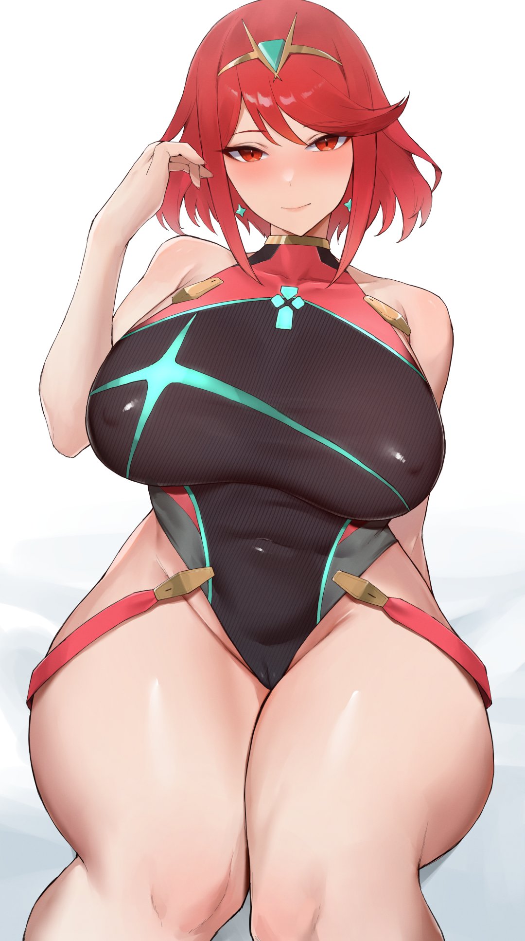 1girls, bangs, breasts, competition swimsuit, core crystal, female, highleg swimsuit, huge breasts, kataku musou, light skin, light-skinned female, nintendo, one-piece swimsuit, pyra, red eyes, red hair, short hair, swept bangs, swimsuit, thick thighs, thighs, wide hips, xenoblade (series), xenoblade chronicles 2