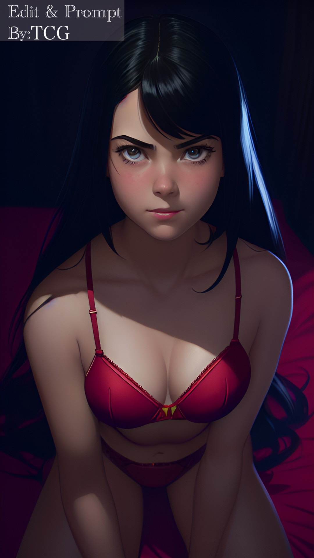 ai generated, black hair, disney, female, lingerie, looking at viewer, on bed, pixar, solo, solo female, the incredibles, the incredibles 2, thechronicgamer, violet parr