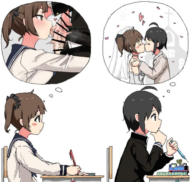 1boy 1boy1girl 1girls aiu404l bar_censor brown_eyes brown_hair censored censored_penis edit edited horny_female jorin licking licking_penis meme nago_purin penis_licking pigtails school_uniform she_versus_he_thought_bubble_(meme) thought_bubble veiny_penis