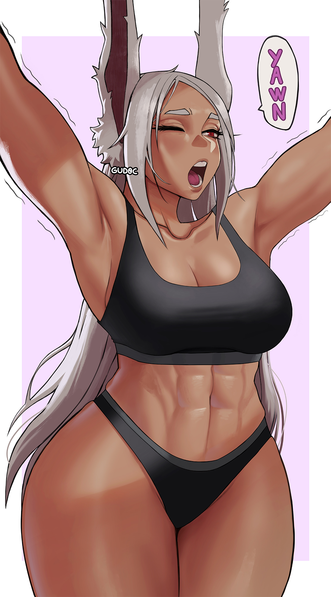 1girls, abs, armpits, arms up, breasts, bunny ear, dark skin, dark-skinned female, female, gud0c, huge breasts, miruko, muscular, muscular female, my hero academia, red eyes, rumi usagiyama, sleepy, sports bra, sportswear, stretching, thick, thick thighs, usagiyama rumi, waking up, white hair, yawn