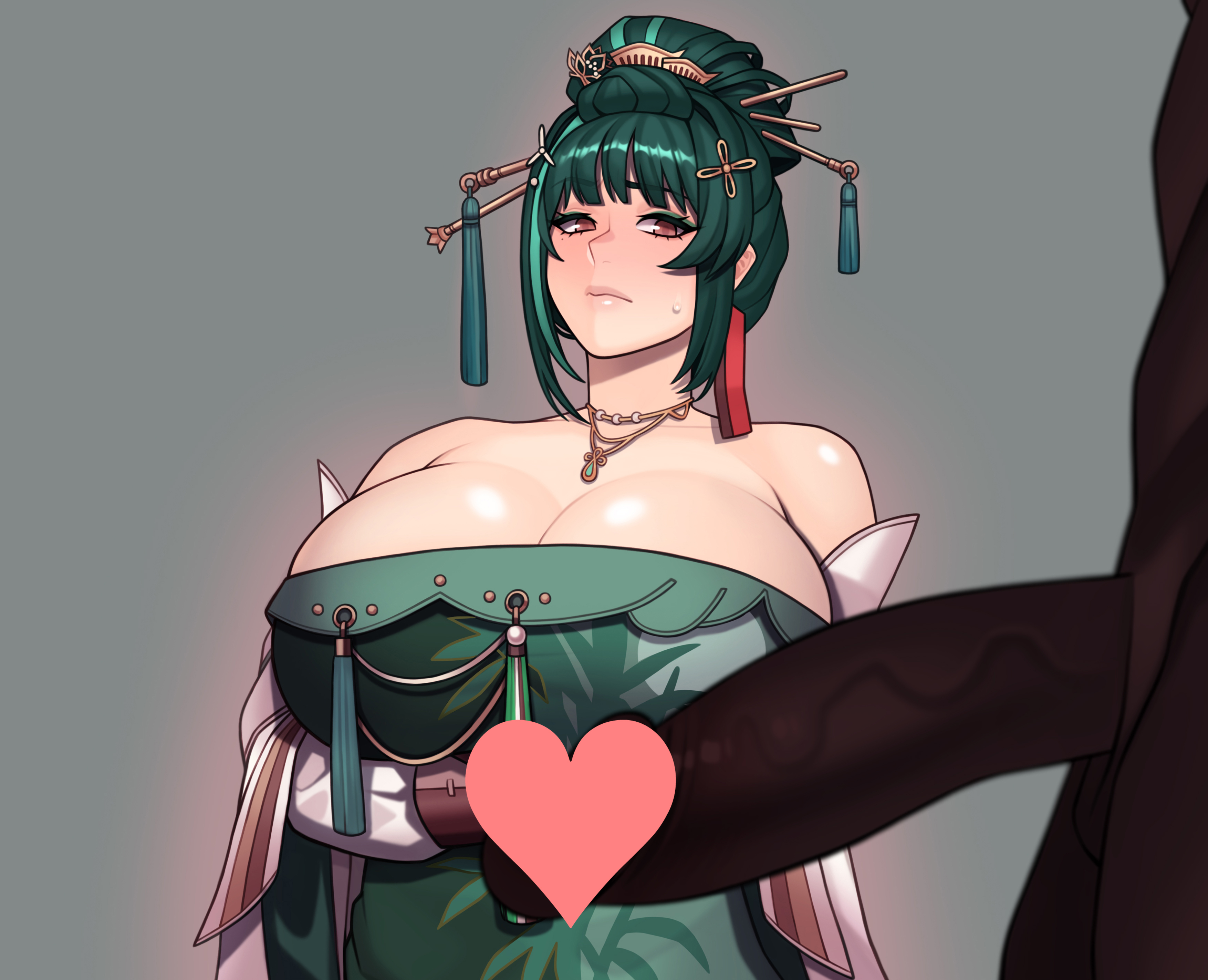 1boy, 1girls, ass, blush, breasts, brown eyes, censored, chinese clothes, chubby, chubby female, dark skin, dark-skinned male, embarrassed, female, green hair, hanying, huge ass, huge breasts, huge cock, human, imminent sex, interracial, interspecies, jewelry, light skin, light-skinned female, male, mandaring, nude, nude male, pale skin, pale-skinned female, penis, punishing: gray raven, robot, robot girl, standing, sweat, thick ass, thick thighs, tied hair