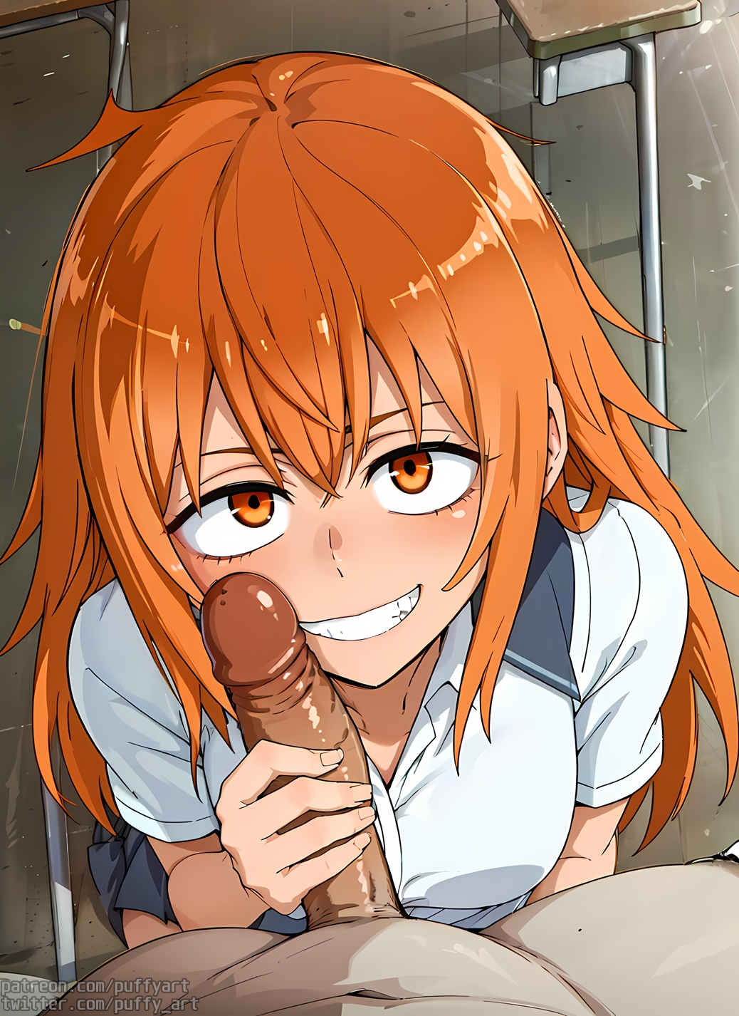 1boy, 1girls, ai generated, clothed, clothing, eye contact, fellatio, female, gamo-chan, handjob, imminent fellatio, imminent oral, long hair, looking at viewer, male, male pov, naoto hachioji (senpai), on knees, orange eyes, orange hair, penis, penis awe, penis on face, please don't bully me, nagatoro, pov, pov crotch, puffyart, revealing clothes, school uniform, smile, smirk, teasing, teeth, teeth showing, watermark