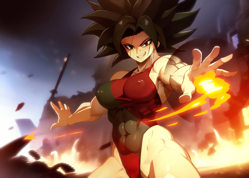 akaishi_black black_hair destruction dragon_ball:_eternal ki_blast looking_at_viewer nipples_visible_through_clothing saiyan_oc swimsuit swimwear