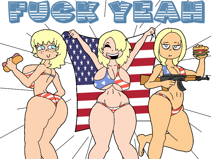 3girls ak_47 america_fuck_yeah american_flag american_flag_bikini big_ass big_breasts blonde_hair blue_eyes fourth_of_july furu_flami hamburger hot_dog smiling