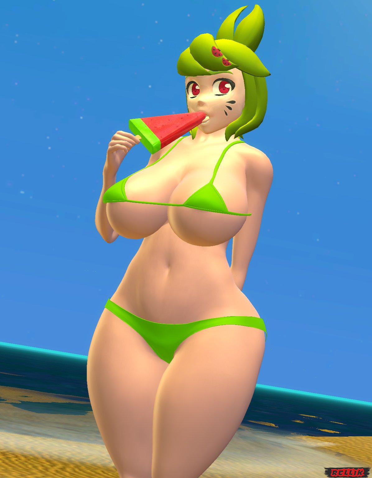 3d 3d_(artwork) beach big_breasts bikini female female_only ice_cream melony_(smg4) relliksb smg4