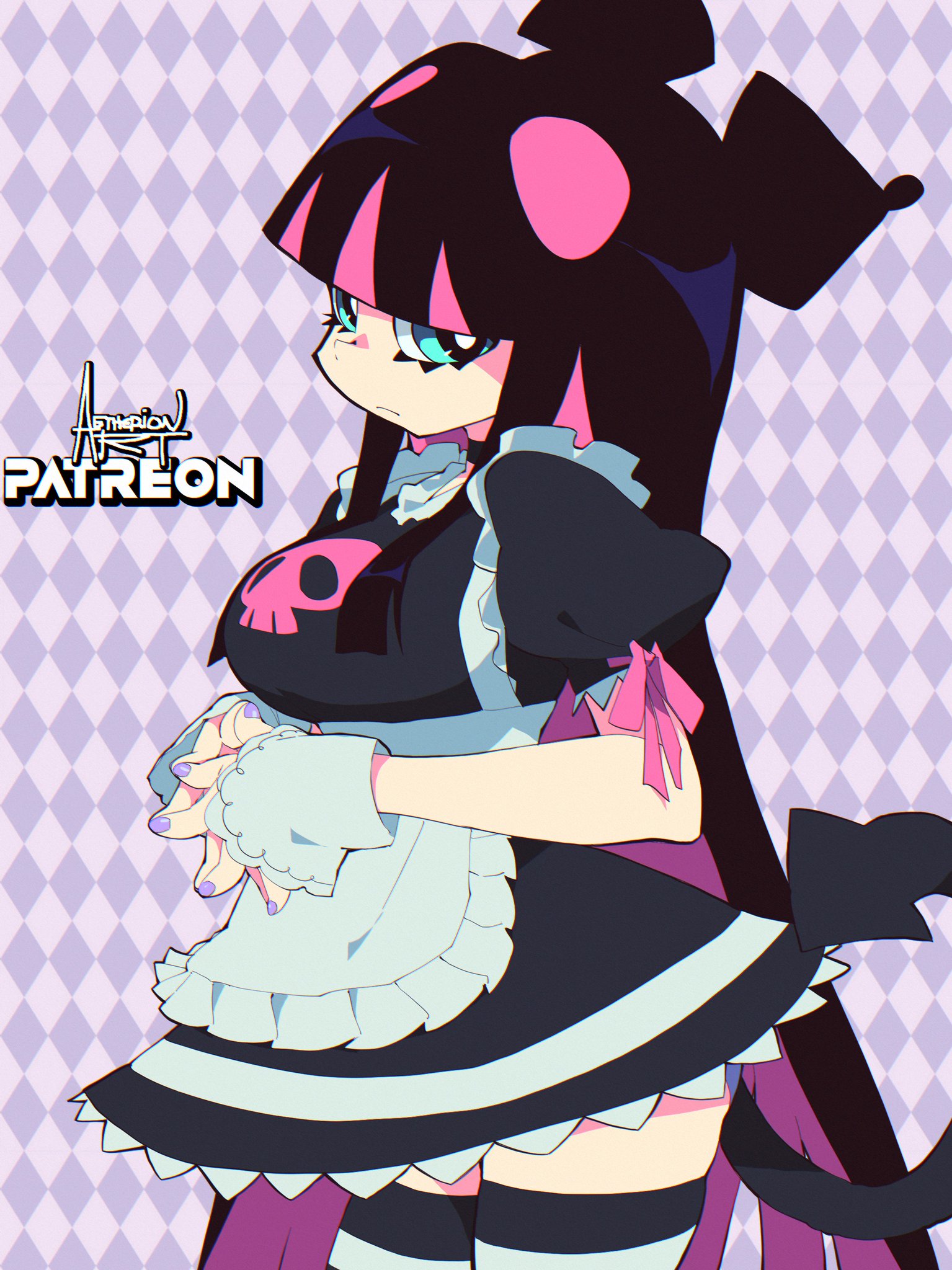 1girls, 2d, aetherion art, blunt bangs, female, gainax, maid, maid uniform, nail polish, painted nails, panty & stocking with garterbelt, stocking anarchy, thighhighs