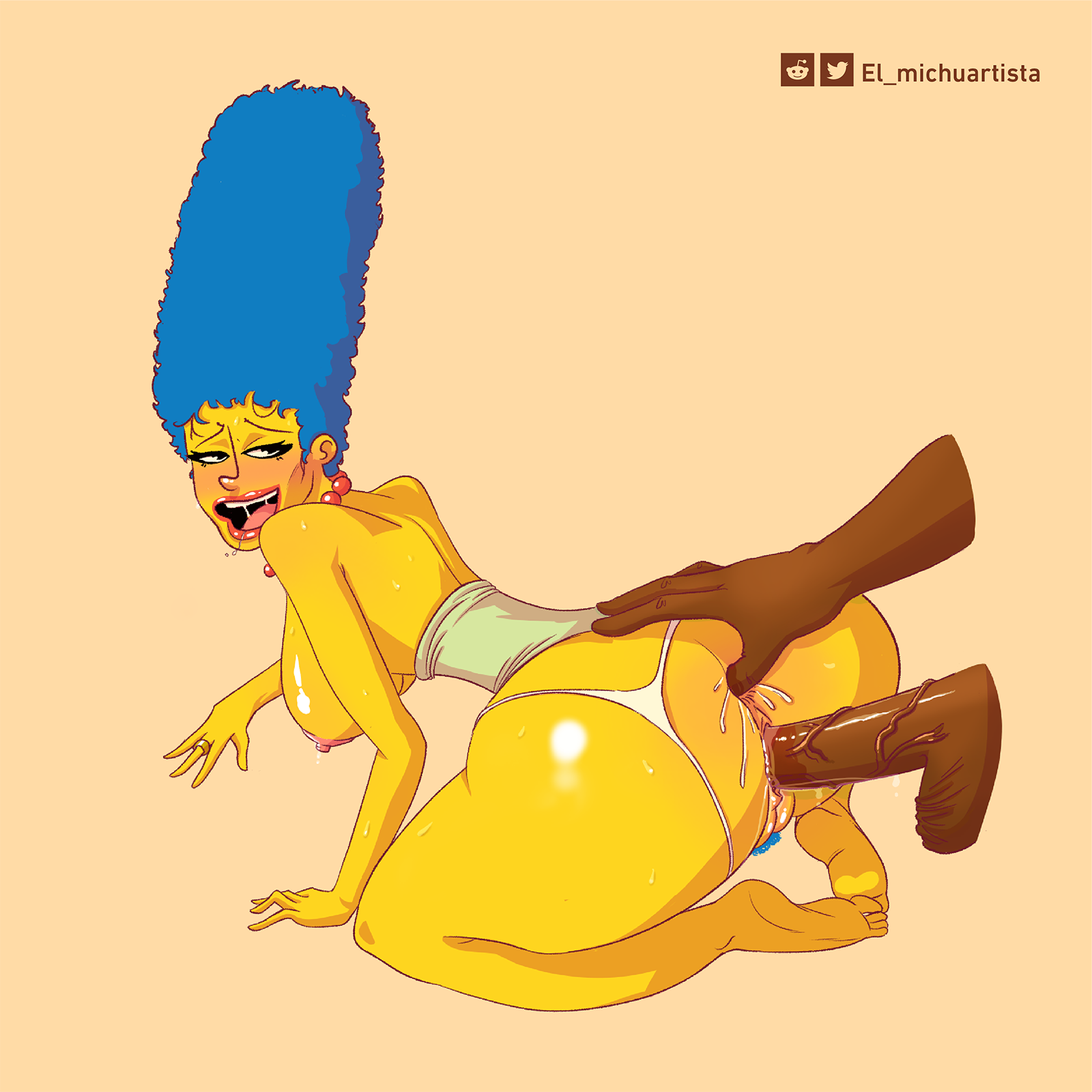 1boy, 1girls, 4 fingers, areolae, ass, balls, bare shoulders, barefoot, big breasts, big penis, blue hair, blushing, breasts, breasts out, bubble ass, bubble butt, cheating, cheating wife, dark skin, dark-skinned male, dress, dress lift, dress pull, earrings, el michuartista, female, female focus, fingering, from behind, interracial, lipstick, long hair, looking back, male, marge simpson, milf, nipples, panties aside, penis, sex, straight, straight sex, sweat, tagme, testicles, the simpsons, thong, thong aside, veiny penis, wedding ring, yellow body