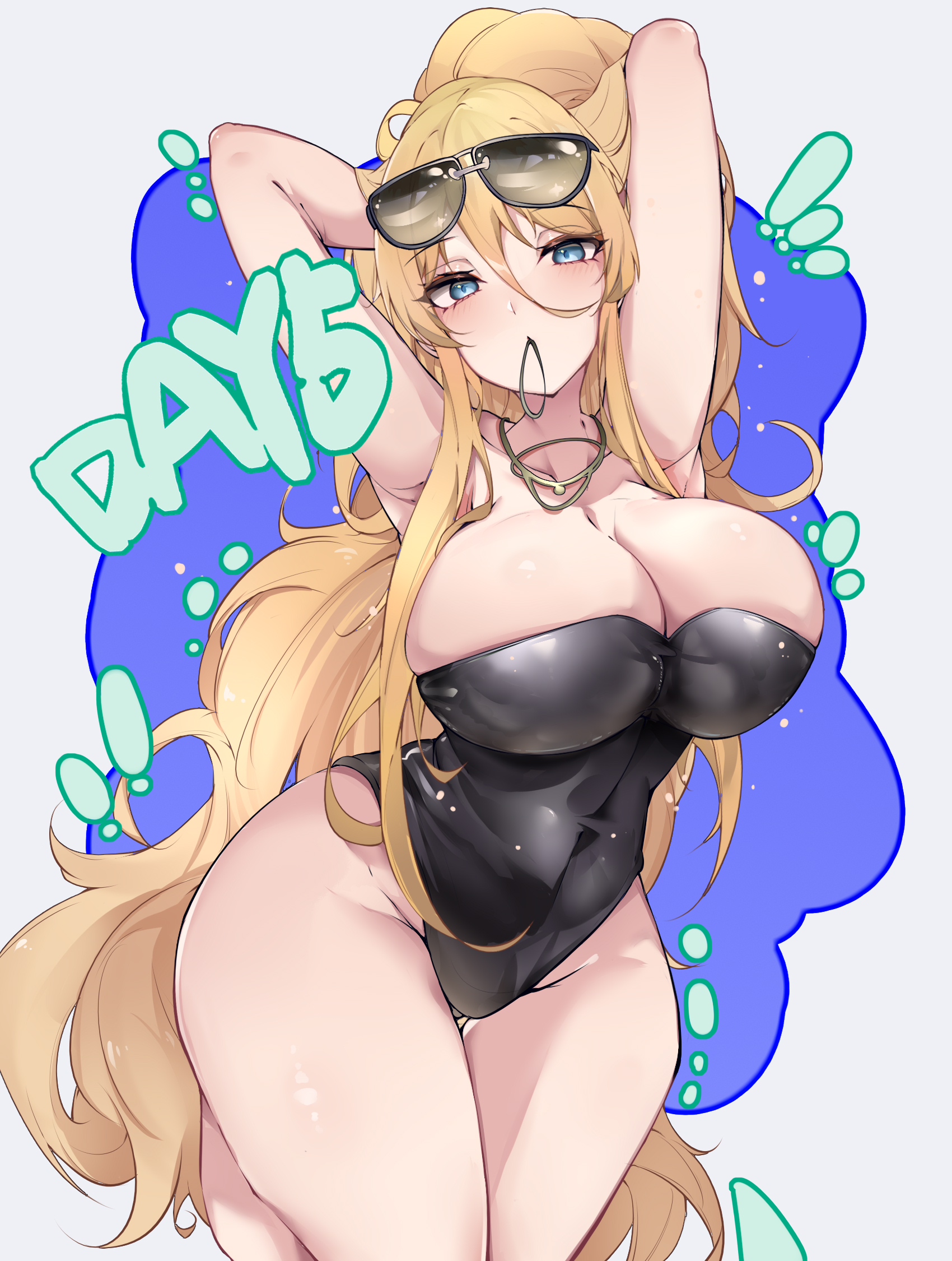 1girls, alternate costume, armpits, azur lane, bismarck (azur lane), bismarck zwei (azur lane), bismarck zwei (crystal-clear holiday) (azur lane), blonde hair, blue eyes, breasts, cleavage, female, female only, huge breasts, iron blood (azur lane), kive (kive03), large breasts, light skin, light-skinned female, official alternate costume, one-piece swimsuit, small waist, solo, sunglasses, sunglasses on head, swimsuit, thick thighs, thighs, wide hips