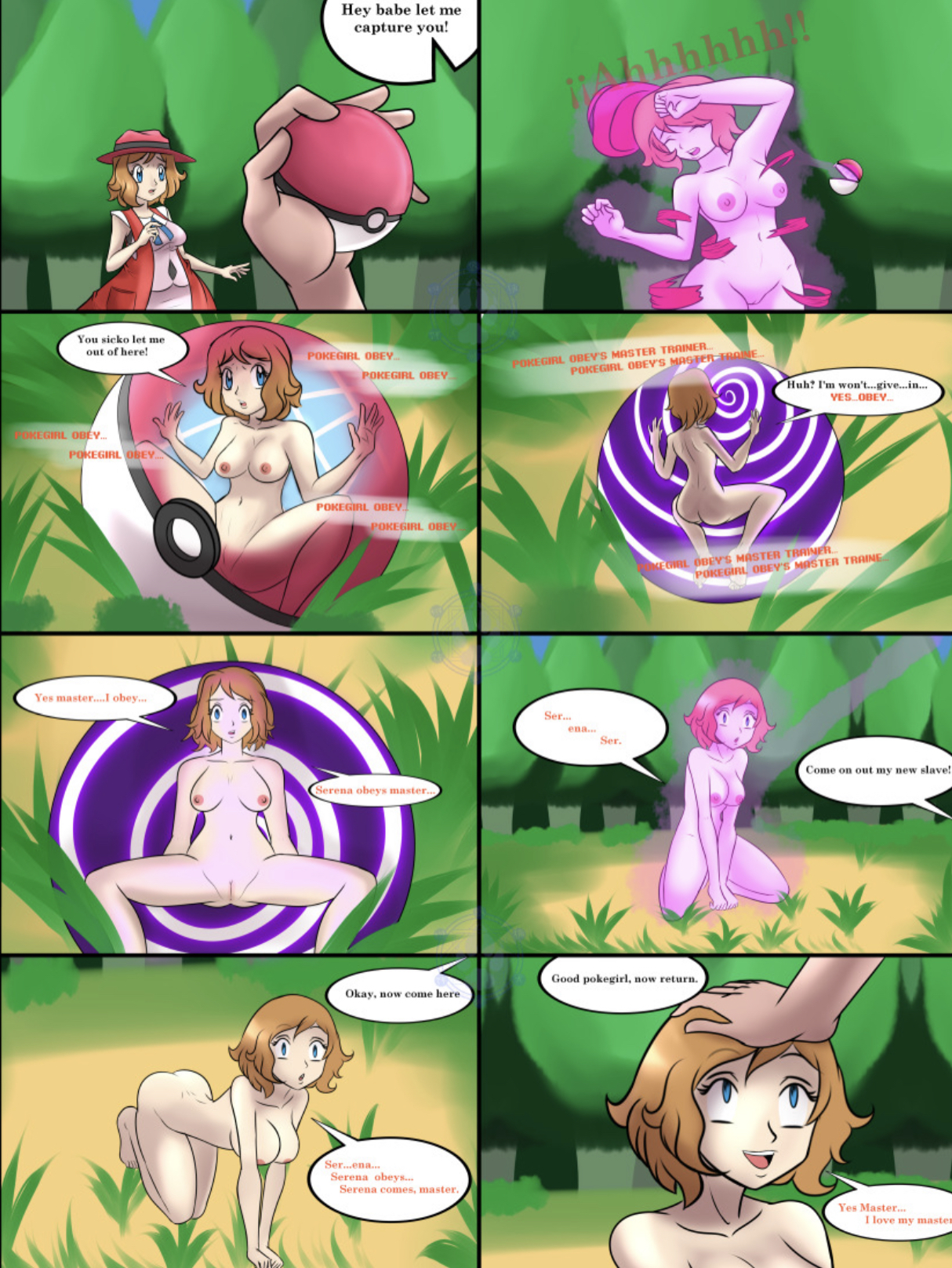 all fours, bottomless, caught in pokeball, dialogue, dissolving clothes, expressionless, female, game freak, hypnosis, mind control, nintendo, outdoors, panels, petplay, pokeball, pokemon, serena (pokemon), speech bubble, spiral eyes, tech control, text