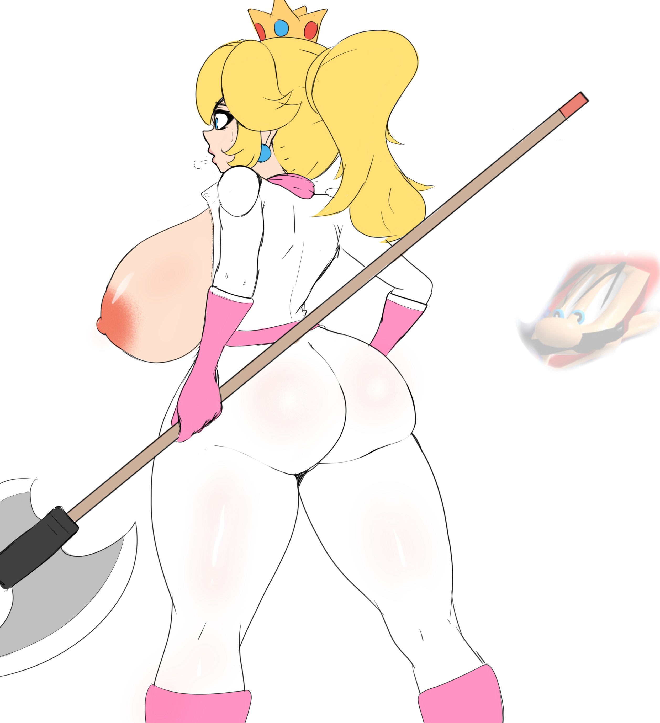 1girls, ass, axe, big ass, big breasts, big butt, bodysuit, breasts, breasts out, crown, exposed breasts, female, female focus, funny, huge breasts, ls, mario, mario (series), nintendo, nipples, ponytail, princess peach, princess peach (aero), solo, solo focus, standing, super mario bros. (2023 film), tied hair, weapon
