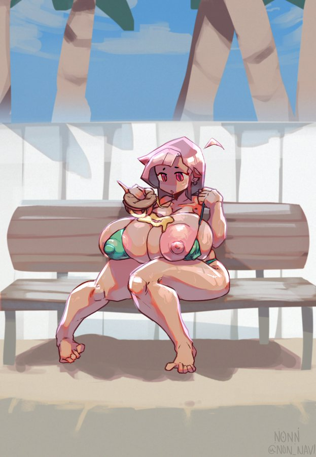 beach big_breasts bikini burger cheese eating fence huge_breasts nipples_visible_through_clothing non_navi pink_eyes pink_hair sitting sitting_on_bench tagme thick_thighs wardrobe_malfunction