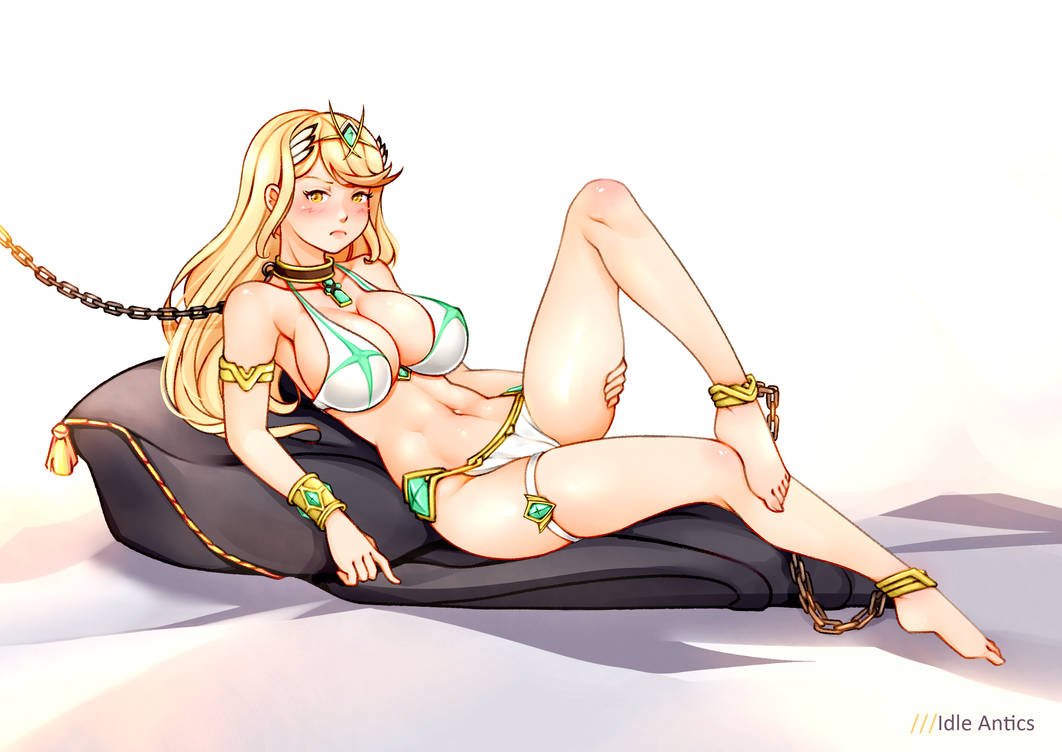 1girls ankle_cuffs armlet belly_dancer belly_dancer_outfit bikini blonde_hair bondage bracelet breasts chain_leash collar core_crystal harem harem_girl harem_outfit idle_antics large_breasts laying_on_pillow leash loincloth long_hair looking_at_viewer midriff mythra navel nintendo pillow slave slave_bikini slave_collar slave_outfit slavegirl swimsuit thigh_strap tiara white_bikini white_swimsuit xenoblade_(series) xenoblade_chronicles_2 yellow_eyes