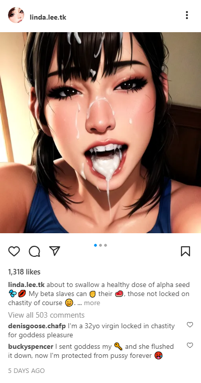 1girls, after oral, after sex, ai generated, asian, assertive female, black eyes, black hair, caption, cellphone, cum, cum drip, cum in mouth, cum on face, cute, eyelashes, eyeshadow, female, fringe, humiliation, instagram, light skin, light-skinned female, linda lee (taliredmint), looking at viewer, netorare, oral, original character, petite, ponytail, seductive eyes, seductive look, seductive mouth, seductive smile, selfie, sissy, sissyfication, skinny, slim, smile, social media, stable diffusion, taliredmint, teenager, text, tied hair, tongue, tongue out, virgin