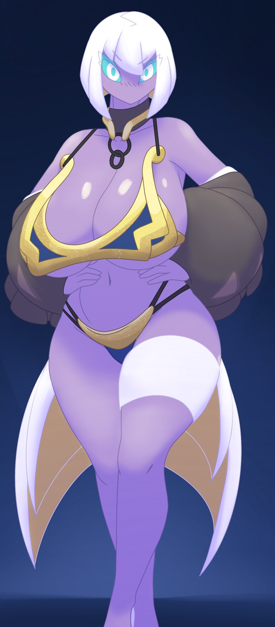 anthro big_breasts breasts cuespatra dullyarts elysees_castel espathra female navel pokemon pokemon_(species) purple_skin thick_thighs wide_hips