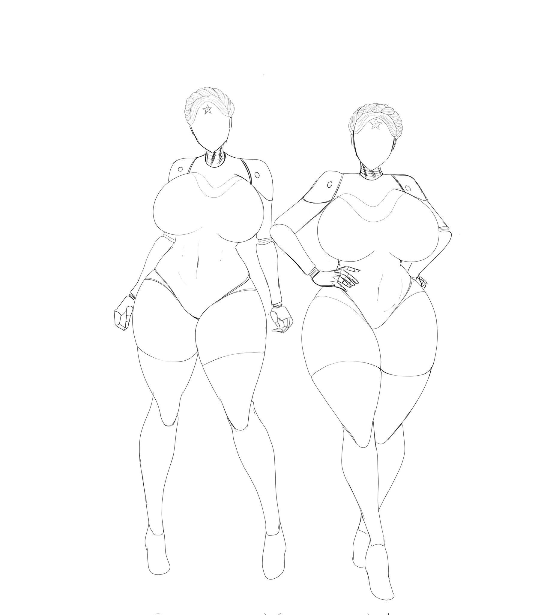 2girls, animatronic, ass, atomic heart, ballerina, big ass, big breasts, big butt, black and white, breasts, female, greyscale, huge ass, huge breasts, huge butt, left (atomic heart), looking at viewer, ls, no color, right (atomic heart), robot, robot girl, sketch, tagme, the twins (atomic heart), thick thighs, thighs, white background