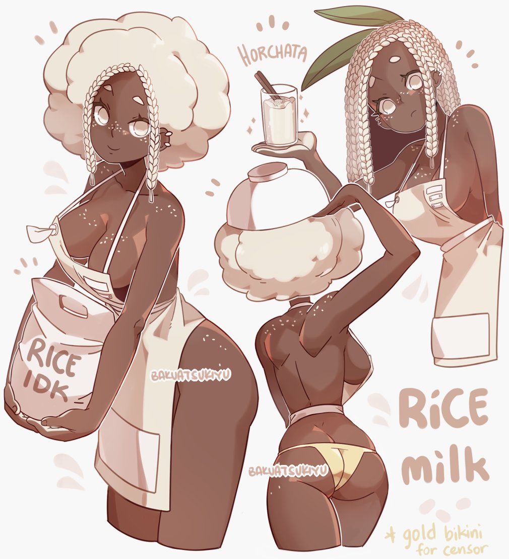 1girls afro apron apron_only ass bakuatsukiyu bikini bikini_bottom braid braided_hair breasts censored collarbone cute dark-skinned_female dark_skin female female_focus female_only gijinka glass_cup highres medium_breasts milk_girls original panties rice_milk_(bakuatsukiyu) sideboob simple_background text white_background white_eyes white_hair