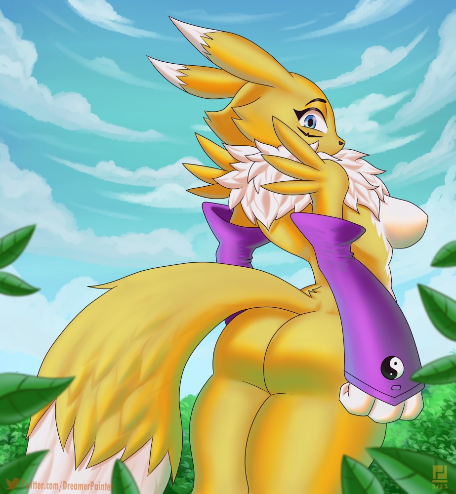 anthro ass bandai_namco breasts canid digimon digimon_(species) female fur mammal mostly_nude painterdreamer renamon solo yellow_body yellow_fur