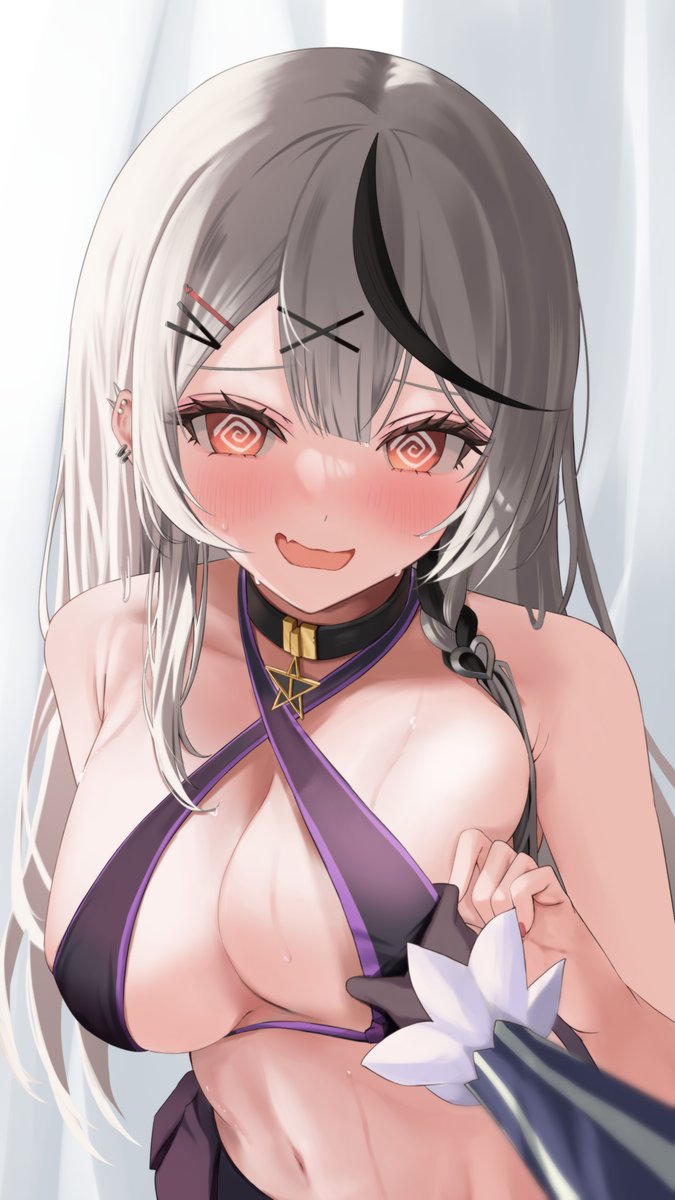 breast grab, breasts, female, hololive, hololive gen 2, hololive japan, holox, huge breasts, murasaki shion, sakamata chloe, swirly eyes, virtual youtuber