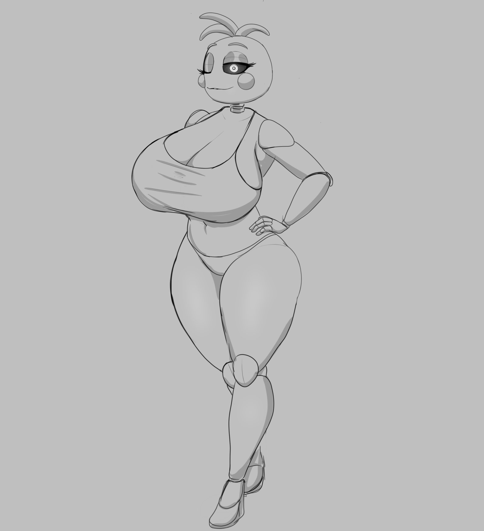 1girls, animatronic, big breasts, bra, breasts, female, five nights at freddy's, five nights at freddy's 2, greyscale, huge breasts, ls, panties, robot, robot girl, scottgames, simple background, smile, solo, solo female, tagme, toy chica (fnaf), toy chica (love taste)