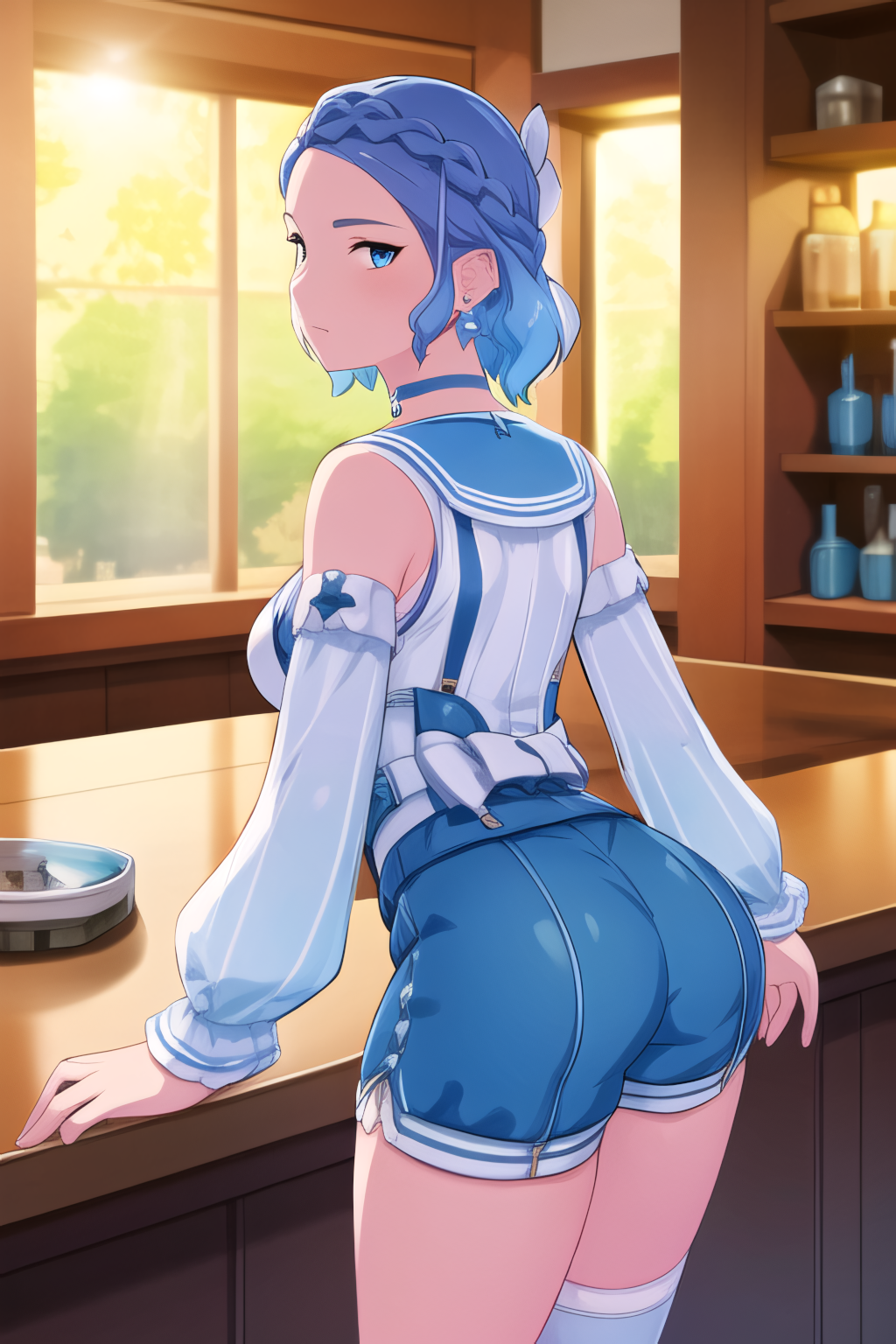 1girls ai_generated ass bare_shoulders big_ass big_butt blue_eyes blue_hair blush braid breasts choker detached_sleeves female from_behind genshin_impact half_updo idyia_(genshin_impact) long_sleeves looking_at_viewer looking_back medium_breasts npc shiny shiny_clothes shiny_hair shiny_skin short_hair short_shorts shorts sideboob solo thick_ass thick_thighs