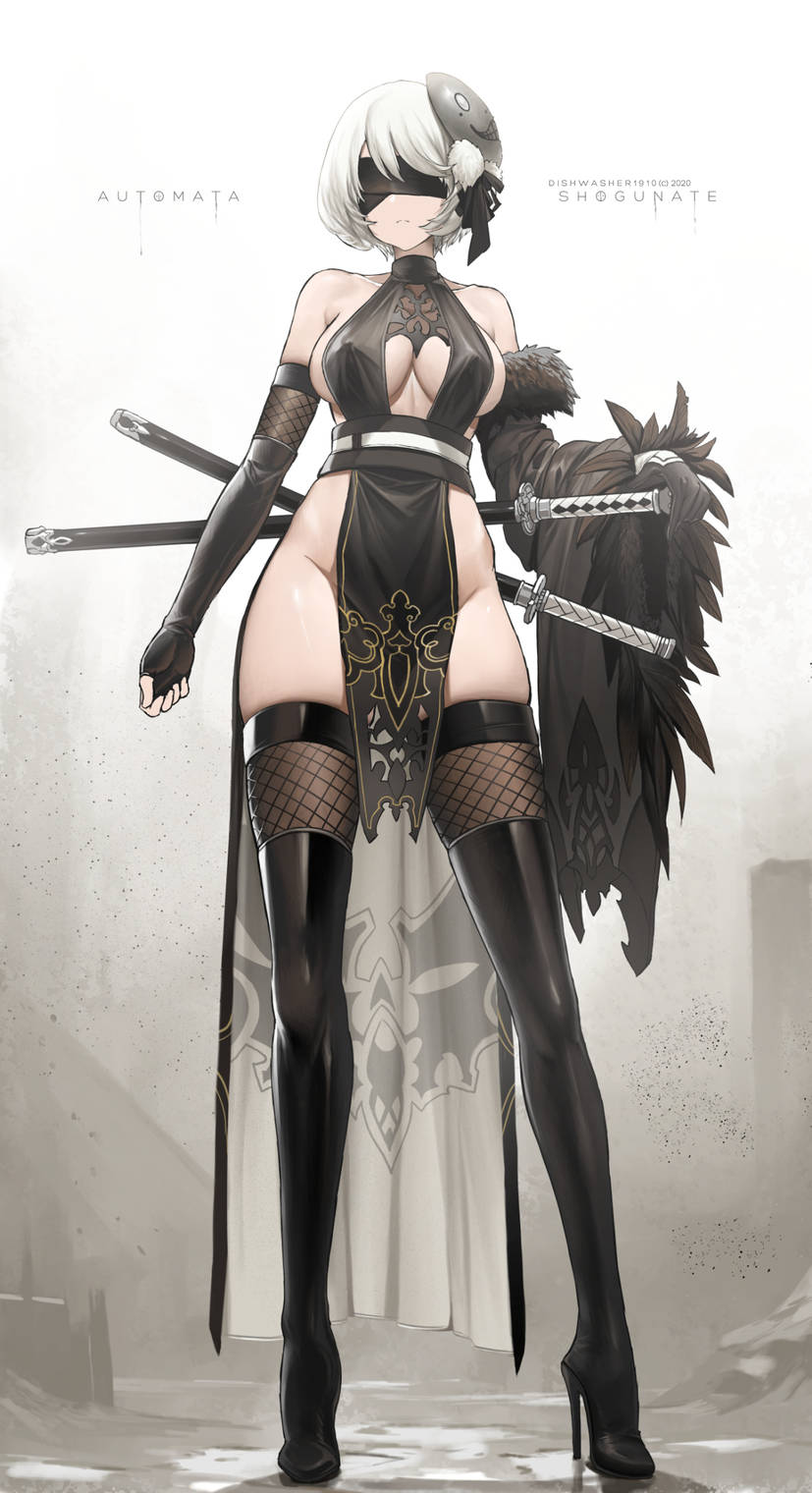 1girls black_dress blindfold breasts detached_sleeves dishwasher1910 dress fishnet_thighhighs fishnets high_heel_boots high_heels large_breasts mask mask_on_head nier:_automata no_bra no_panties shinobi short_hair swords thigh_boots thighhighs weapons white_hair yorha_2b