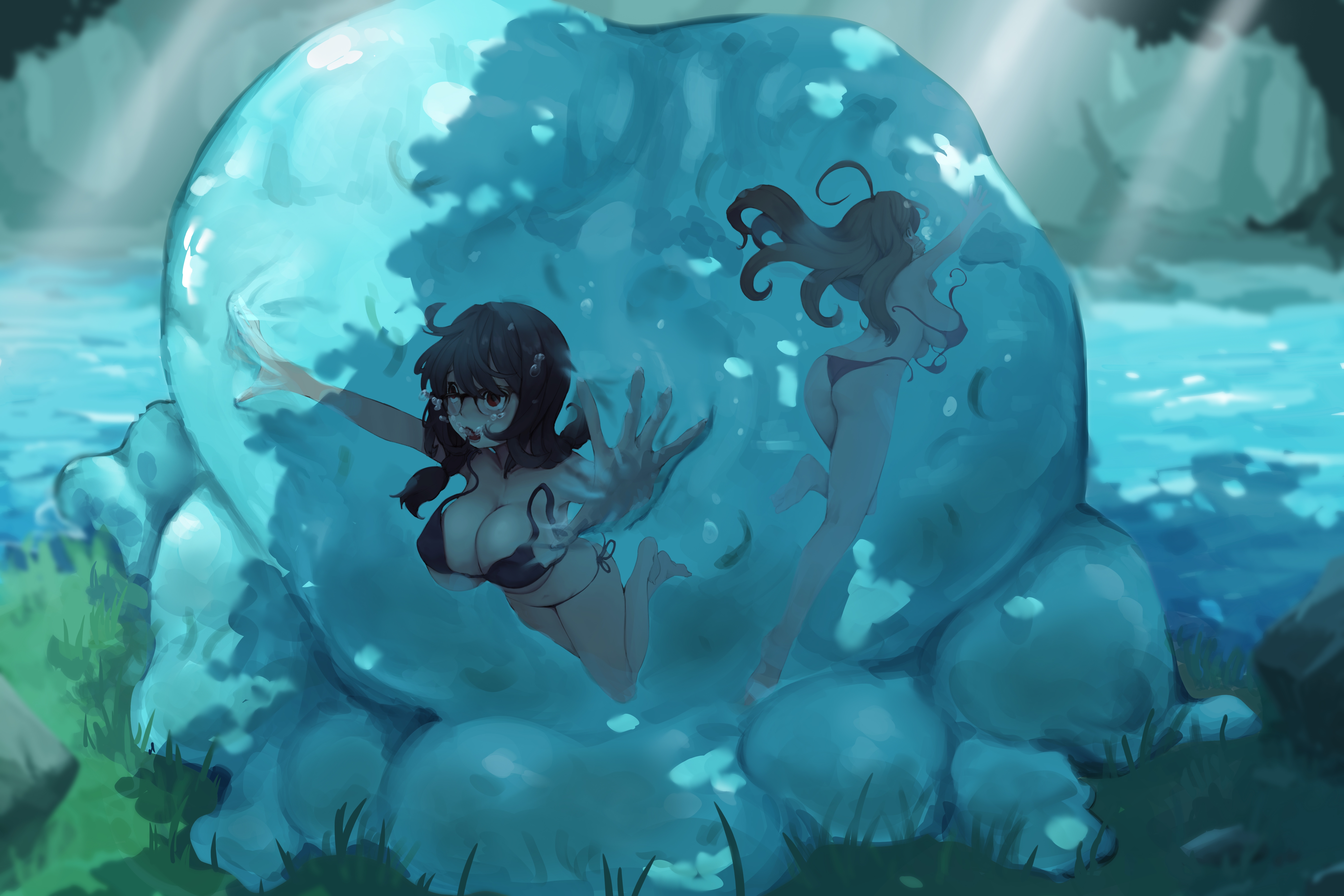 2girls, air bubbles, asphyxiation, ass, big breasts, bikini, black hair, breasts, brown eyes, brown hair, bubbles, cleavage, collarbone, drowning, female, female only, glasses, imminent death, kono subarashii sekai ni shukufuku wo!, red eyes, rou (rou22), sideboob, slime, thick thighs, wardrobe malfunction, wiz (konosuba), yunyun (konosuba)