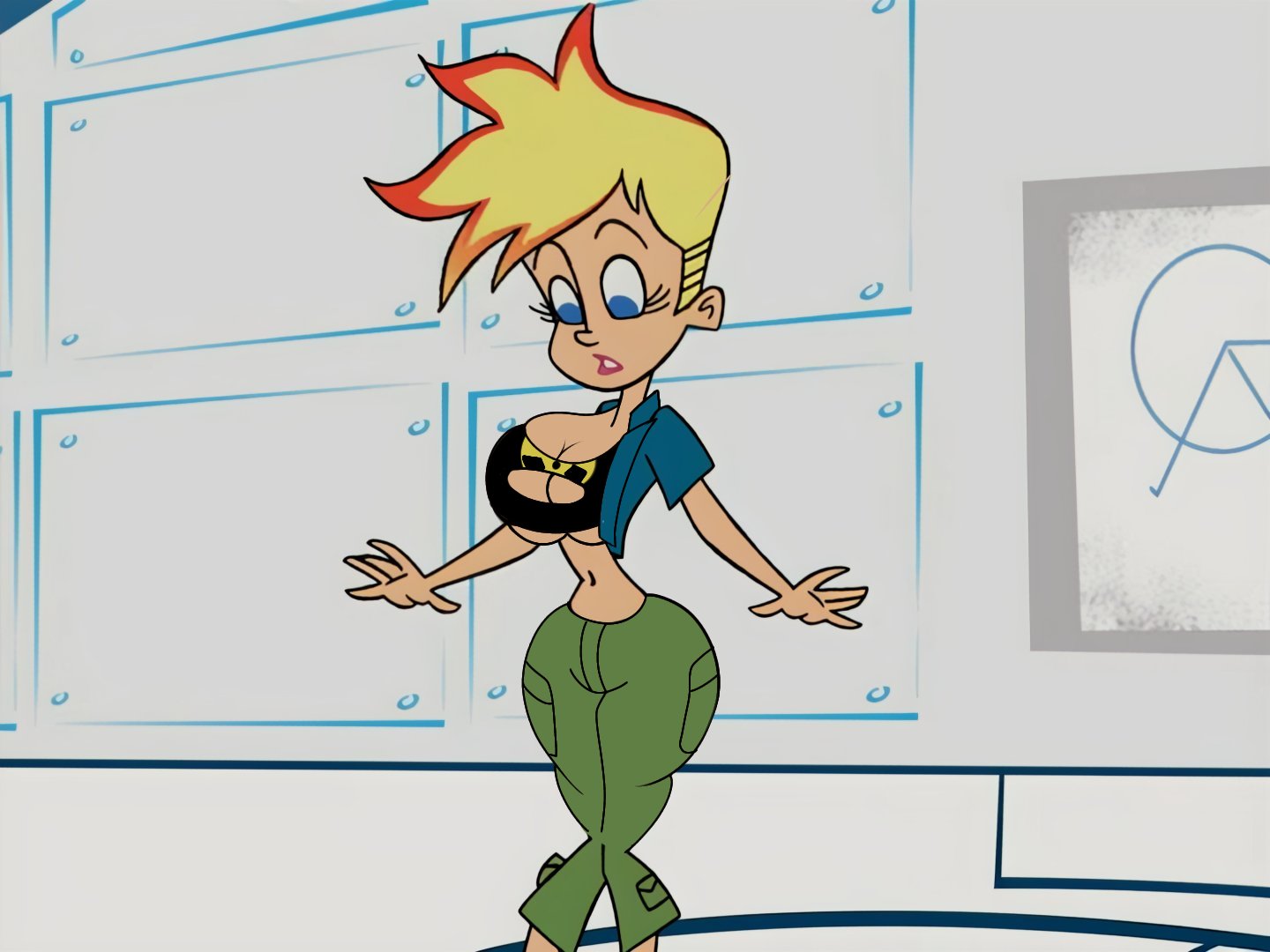1girls, blue eyes, breasts, bulging breasts, cleavage, cleavage window, experiment, eyelashes, female, hips, huge breasts, jenny test, johnny test, johnny test (series), looking down at self, ripped clothing, rule 63, thin waist, underboob