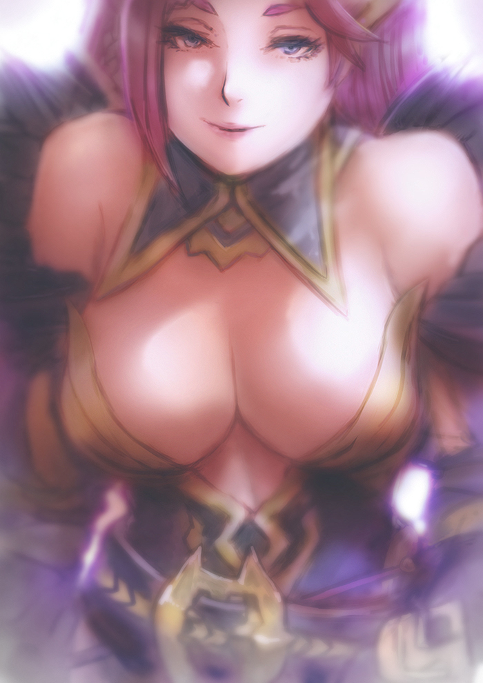 1girls asukan bare_shoulders belt breasts cleavage detached_collar detached_sleeves dress feather_trim female female_only fire_emblem fire_emblem_heroes hair_ornament hat large_breasts lips loki_(fire_emblem) long_hair looking_at_viewer mature_female more_at_source nintendo pink_belt plunging_neckline purple_eyes purple_hair simple_background smile solo upper_body