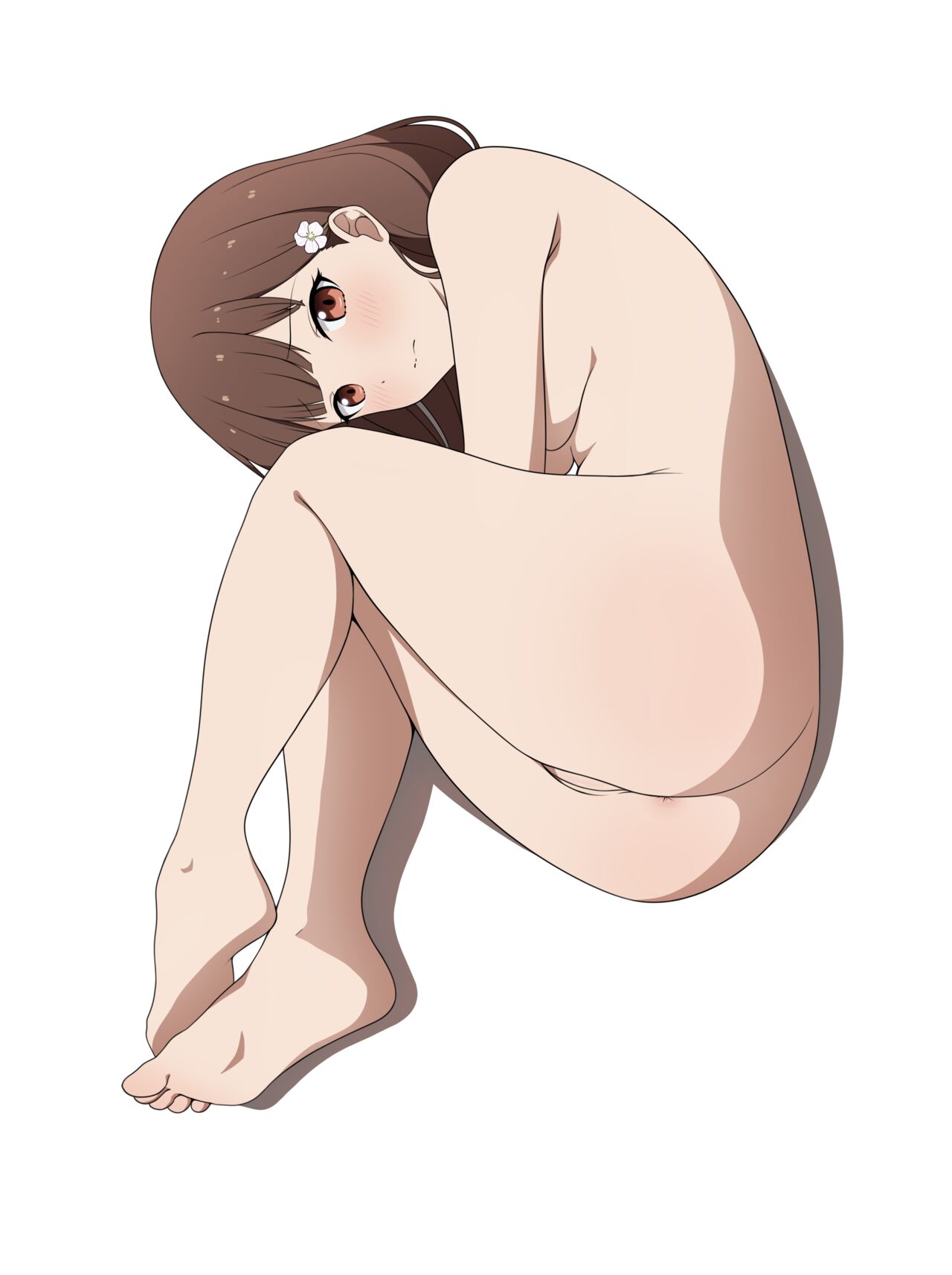 1girls, accurate art style, bare legs, blush, blush lines, brown eyes, brown hair, completely nude, coro fae, eyebrows visible through hair, feet, female, female only, flower in hair, full body, iino miko, kaguya-sama wa kokurasetai ~tensai-tachi no renai zunousen~, looking at viewer, naked, naked female, nude, nude female, official style, pussy, shaved pussy, simple background, solo, solo female, uncensored, white background