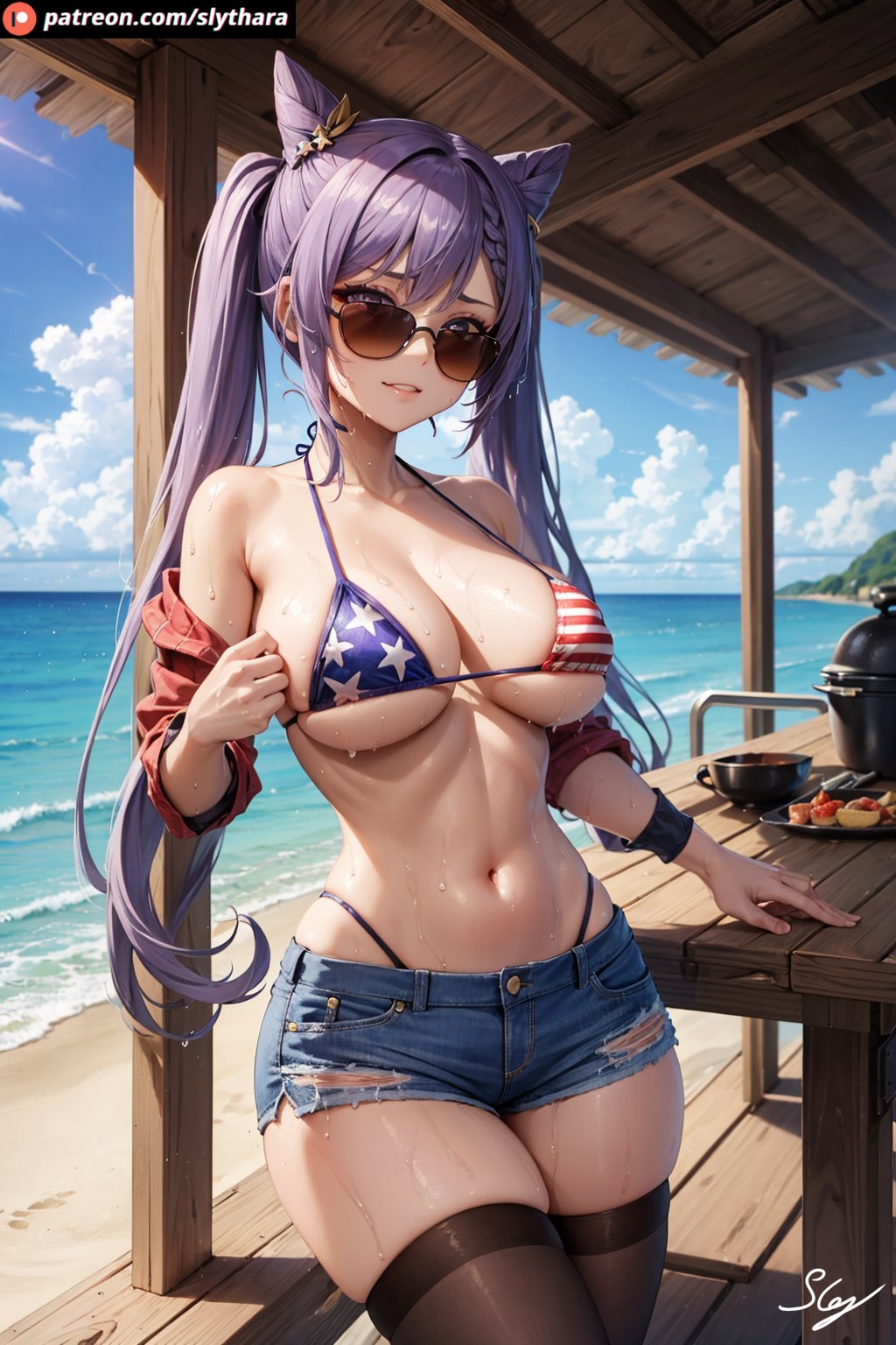 1girls, ai generated, american flag, american flag bikini, beach, bikini, breasts, brown-tinted eyewear, female, genshin impact, hi res, keqing (genshin impact), large breasts, looking over eyewear, looking over glasses, looking over sunglasses, purple eyes, purple hair, shorts, solo, stable diffusion, sunglasses, sweat, sweaty body, thick thighs, thighhighs, tinted eyewear, twintails, underboob