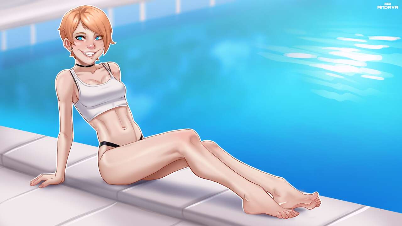 andava, andavaverse, andrea summers, barefoot, bikini, blonde hair, blue eyes, blush, choker, digital drawing (artwork), digital media (artwork), earrings, feet, female, female focus, female only, midriff, navel, pool, poolside, reclining, short hair, smiling, soles, strawberry blonde hair, swimsuit, swimwear, tank top, toes, tomboy, very short hair