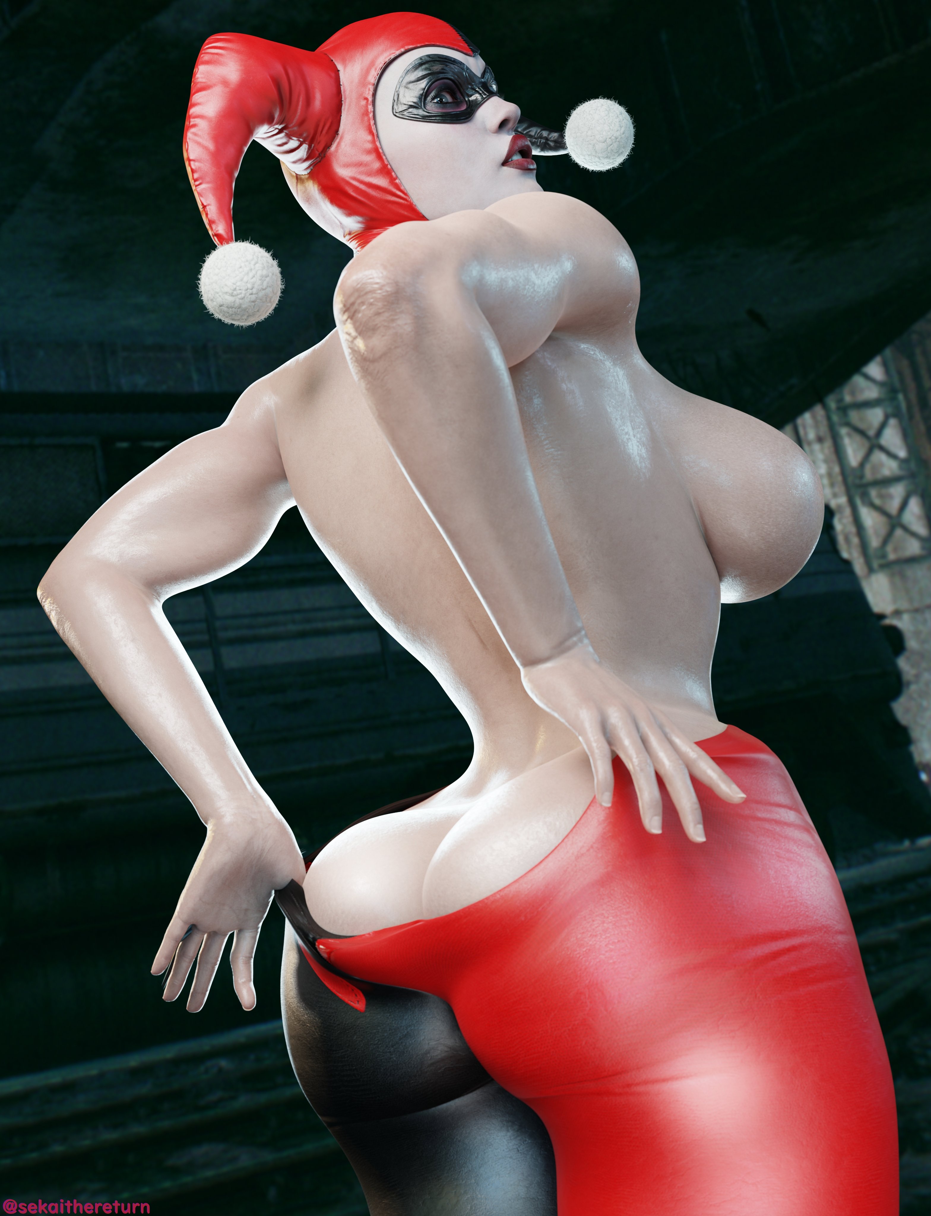 1girls, 3d, ass, ass crack, batman (series), batman: arkham knight, big ass, big breasts, blue eyes, breasts, bubble butt, busty, butt crack, dc, dc comics, female, female focus, female only, harley quinn, harley quinn (classic), harley quinn (injustice), hourglass figure, injustice 2, jester cap, large breasts, light skin, light-skinned female, lipstick, makeup, pale skin, pale-skinned female, pinup, pinup pose, pose, posing, rear view, sekaithereturn, sideboob, solo, solo female, tagme, topless, wide hips