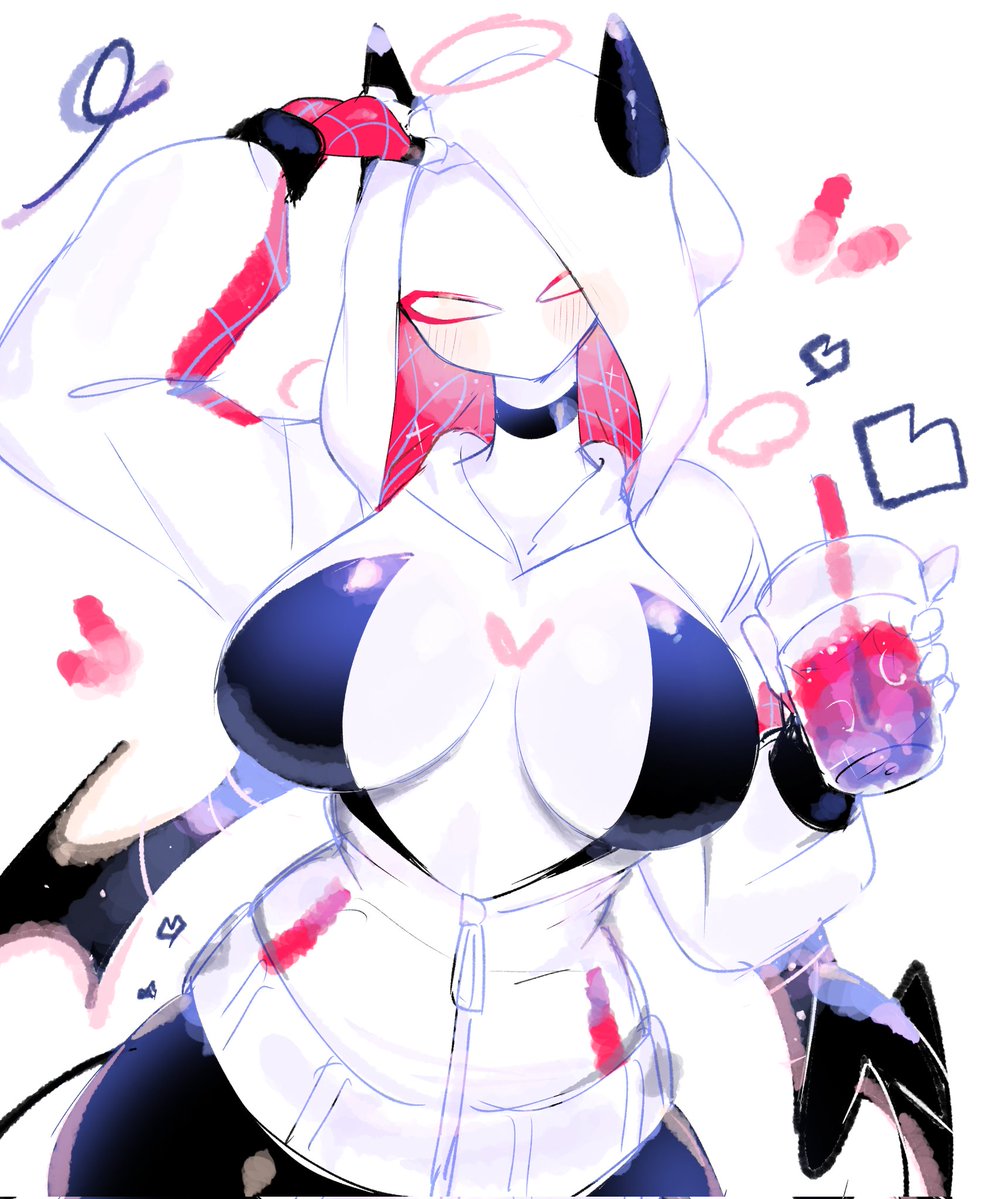 1girls, big breasts, bodysuit, breasts, choker, demon horns, female, female only, gwen stacy, halo, hood, hoodie, horns, large breasts, looking at viewer, marvel, marvel comics, mask, solo, solo female, solo focus, spider-gwen, spider-man (series), spider-man: into the spider-verse, usa37107692, wide hips