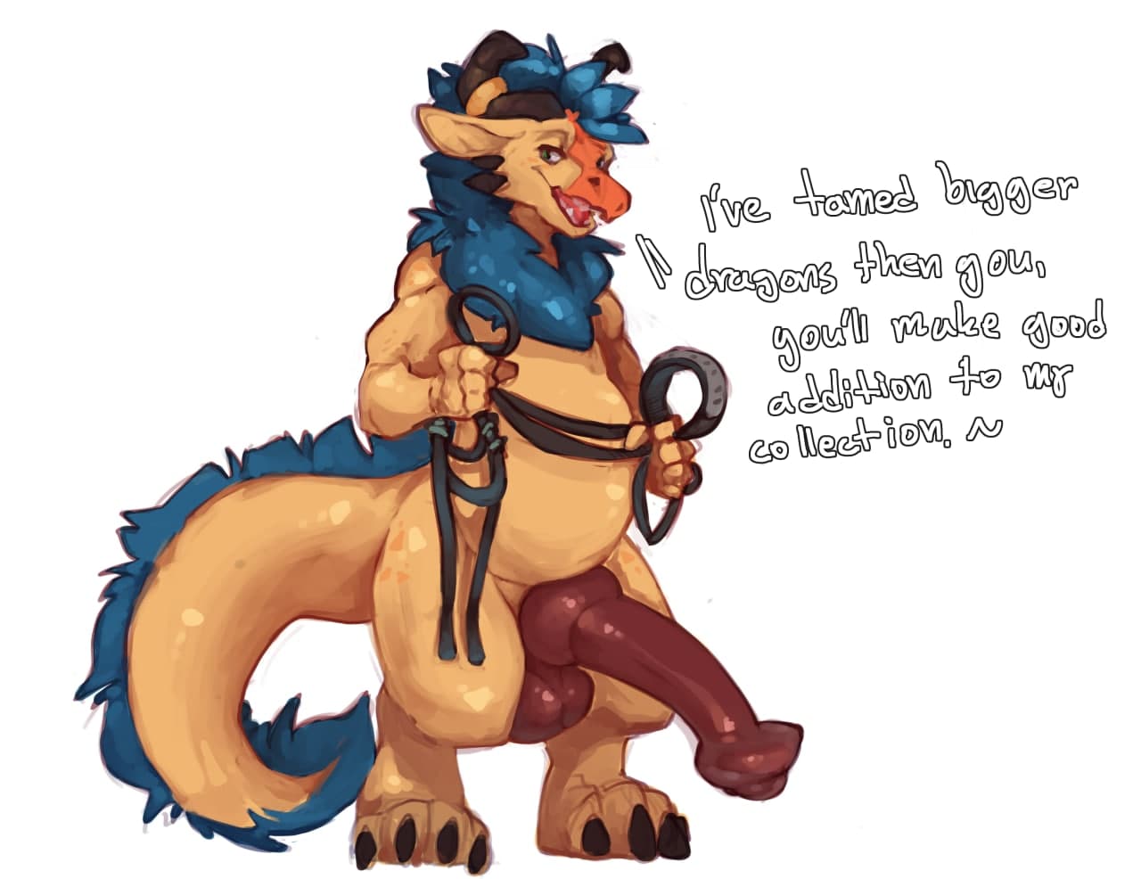 accessory animal_genitalia animal_penis anthro balls belly big_balls big_flare big_knot big_penis black_claws black_horn black_spikes blue_body blue_fur blue_hair brown_body brown_fur carbon_(carbon-draws) claws curved_horn dialogue dominant dominant_anthro dominant_male dragon english_text equine_genitalia equine_penis erection facial_spikes flared_penis fur furgonomics furred_dragon genitals green_eyes hair harness head_tuft holding_leash holding_object horn horn_accessory horn_jewelry horn_ring huge_cock hybrid_genitalia hybrid_penis jewelry knot knotted_equine_penis leash male multicolored_body multicolored_fur neck_tuft open_mouth penis pink_balls pink_knot pink_penis pink_tongue redishdragie ring ring_(jewelry) simple_background slightly_chubby slightly_chubby_anthro slightly_chubby_male solo spikes spikes_(anatomy) standing tail tail_tuft tan_body tan_fur teeth text thick_tail toe_claws tongue tuft two_tone_body two_tone_fur white_background