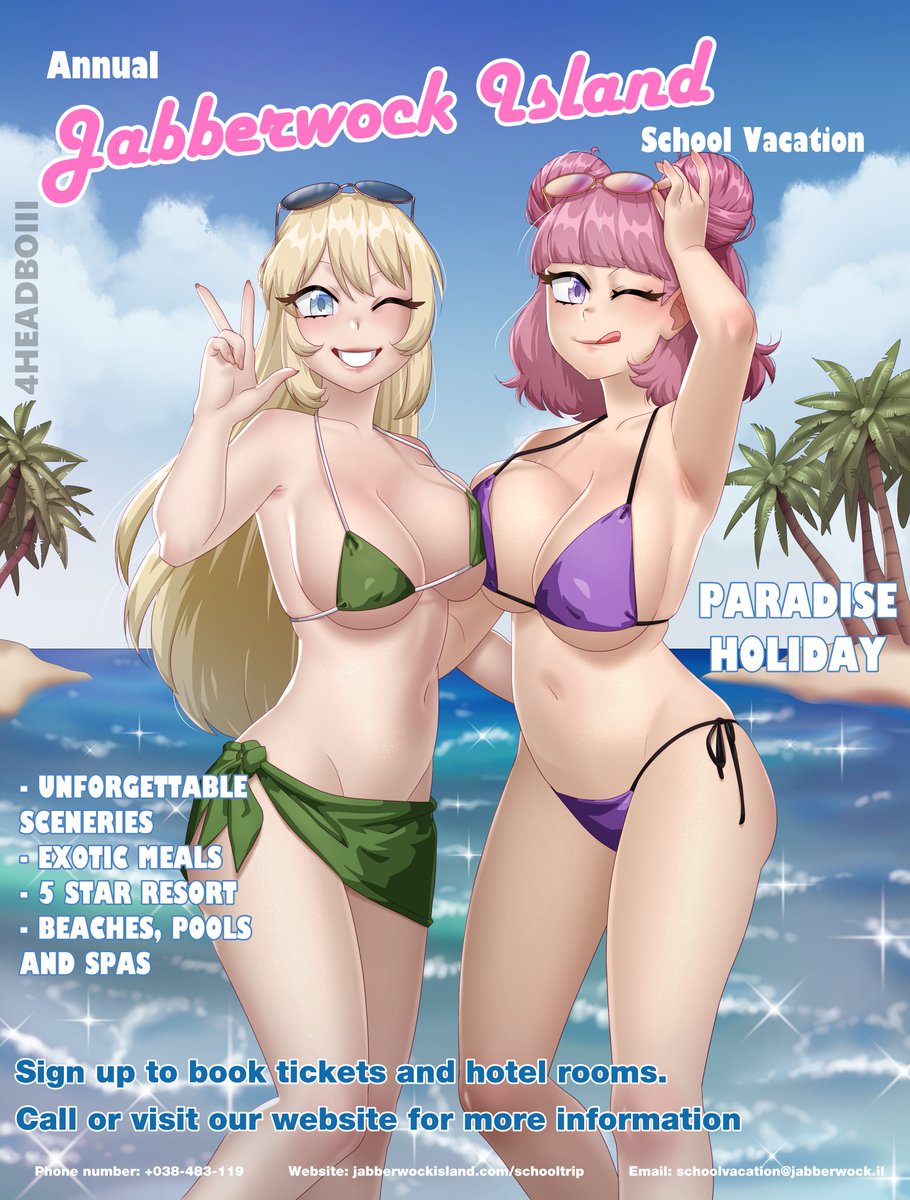 2girls 4headboiii alternate_version_available beach bikini blonde_hair breast_press danganronpa danganronpa_3 female_only island kamii_tsubasa large_breasts magazine magazine_cover multiple_girls nishizawa_kiriko ocean palm_tree pink_hair side_hug straight_hair