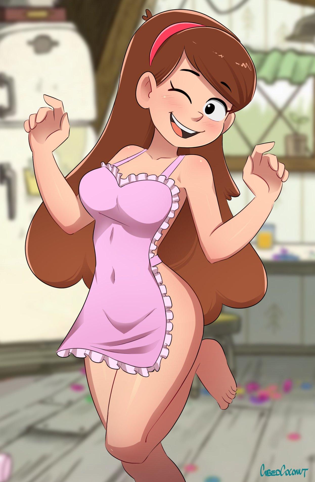 1girls accessory aged_up apron apron_only artist_name black_eyes blurry_background blush brown_hair cubedcoconut depth_of_field disney disney_xd female gravity_falls hair_accessory hair_ornament hairband happy indoors kitchen light-skinned_female light_skin long_hair looking_at_viewer mabel_pines naked_apron navel navel_outline one_eye_closed open-mouth_smile open_mouth open_smile shiny shiny_skin smile smiling_at_viewer solo solo_female thick_thighs thighs very_long_hair wide_hips wink