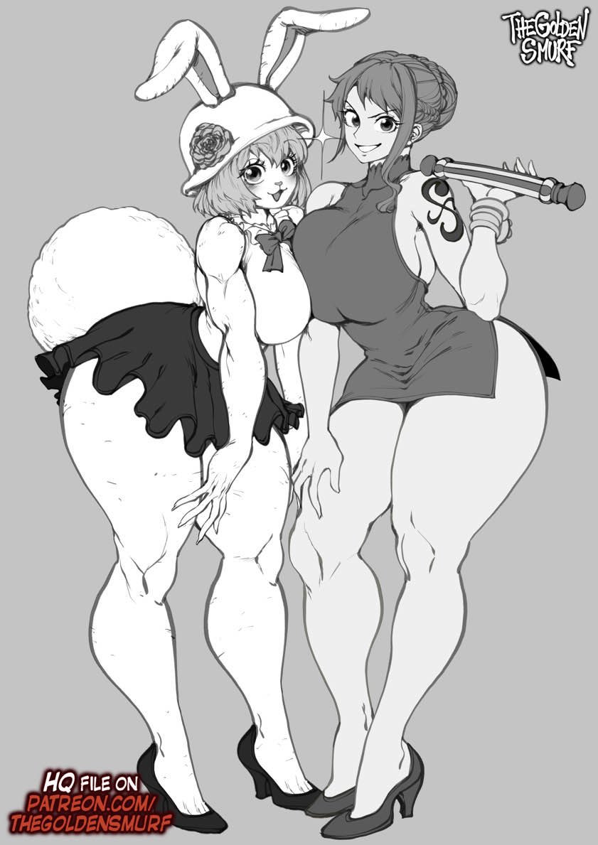 2girls bare_arms bare_legs bare_shoulders bare_thighs big_breasts bunny_ears bunny_girl bunny_tail carrot_(one_piece) clothed clothing female female_focus female_only furry furry_female hi_res large_breasts light-skinned_female light_skin looking_at_viewer nami one_piece short_hair shounen_jump tagme tattoo thegoldensmurf thick_thighs