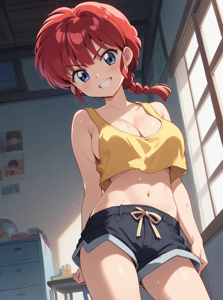 ai_generated athletic_female bare_thighs big_breasts blownskin blue_eyes braided_ponytail dolphin_shorts huge_breasts huge_thighs light-skinned_female light_skin looking_down low-angle_view massive_breasts ranma-chan ranma_1/2 ranma_saotome red_hair smiling solo_female squatting sweat sweatdrop tank_top thick_thighs thighs voluptuous voluptuous_female