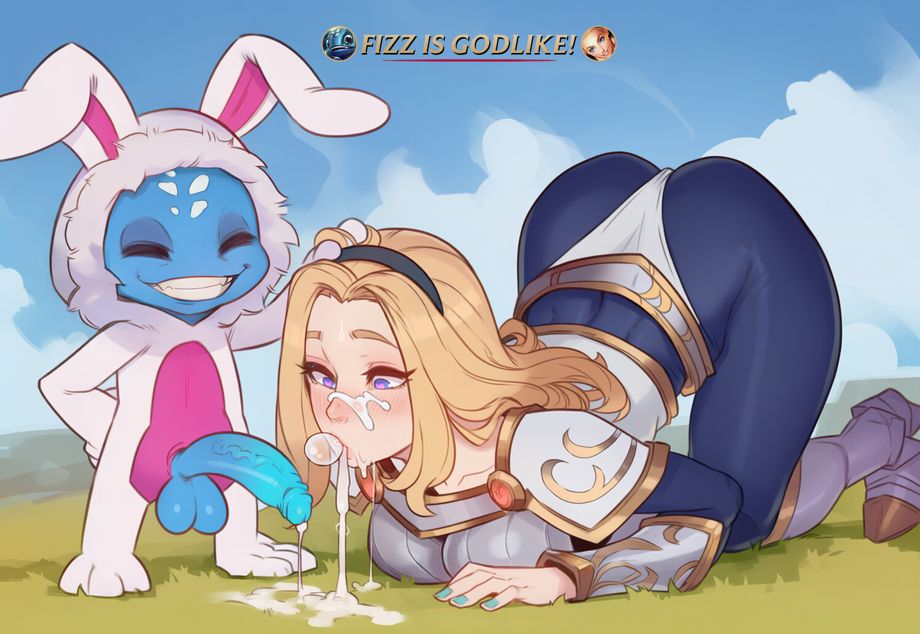 1boy, 1girl1boy, 1girls, ai generated, blonde hair, blue eyes, brinkai, colored penis, corruption, cottontail fizz, cum, cum bubble, cum in mouth, cum on face, cum on mouth, fizz (lol), gameplay mechanics, grabbing another's hair, hand on another's head, heart-shaped pupils, humiliation, league of legends, luxanna crownguard, mind break, on floor, outdoors, penis, penis out, self upload, small dom big sub, smaller male, top down bottom up