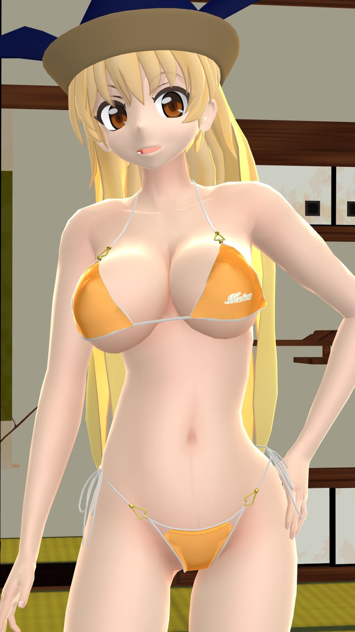 1girls 2023 3d arm_on_hip belly_button bikini blonde_hair_female breasts brown_eyes clavicle cleavage deity hat hati_yukkuri_mmd headwear indoors interior_background jpeg light-skinned_female long_hair_female mature_female midriff mmd okina_matara open_mouth posing solo_female solo_focus swimsuit touhou uncanny_valley waist yellow_bikini