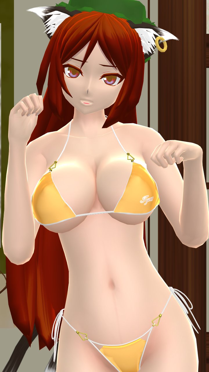 1girls 2023 3d adult_female arms_up belly_button bikini breasts chen clavicle cleavage ear_piercing feline_humanoid green_hat hat hati_yukkuri_mmd headwear indoors interior_background jpeg kemonomimi light-skinned_female long_hair_female looking_at_viewer mmd open_mouth red_eyes red_hair_female solo_female swimsuit touhou waist yellow_bikini youkai