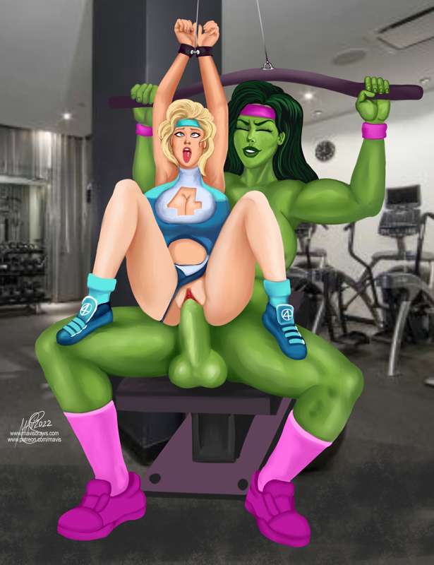 artist_request bench futa_on_female futanari gym jennifer_walters she-hulk size_difference sue_storm vaginal_penetration