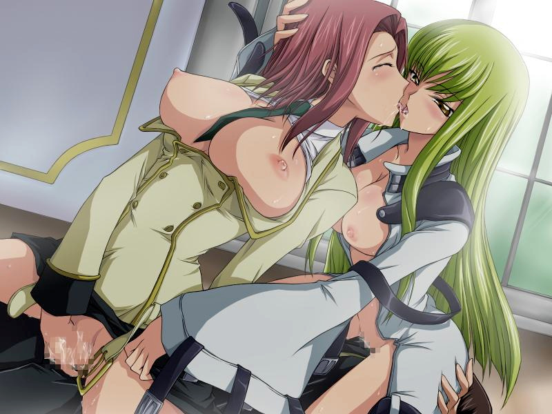 1boy, 2girls, belt, blush, body blush, bodysuit, breasts, c.c., censored, closed eyes, code geass, exposed breasts, female, female focus, fingering, girls kissing, green hair, group sex, human, kallen stadtfeld, kissing, large breasts, lelouch lamperouge, long hair, male, masturbation, multiple females, multiple girls, necktie, nipples, open clothes, open shirt, red hair, reverse spitroast, school uniform, sex, sitting, straddle, straight, threesome, uniform, yamagarasu, yellow eyes